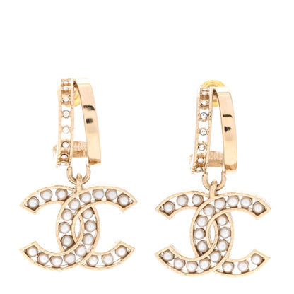 Chanel Crystal Pearl CC Hoop Drop Earrings Gold 1 of 4