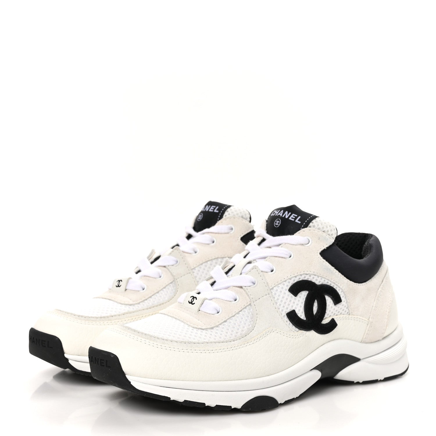 Chanel Mesh Suede Calfskin Grained Calfskin Womens CC Sneakers 39.5 White Black 3 of 9