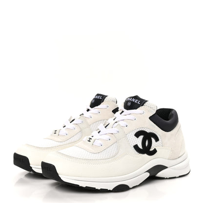Chanel Mesh Suede Calfskin Grained Calfskin Womens CC Sneakers 39.5 White Black 3 of 9