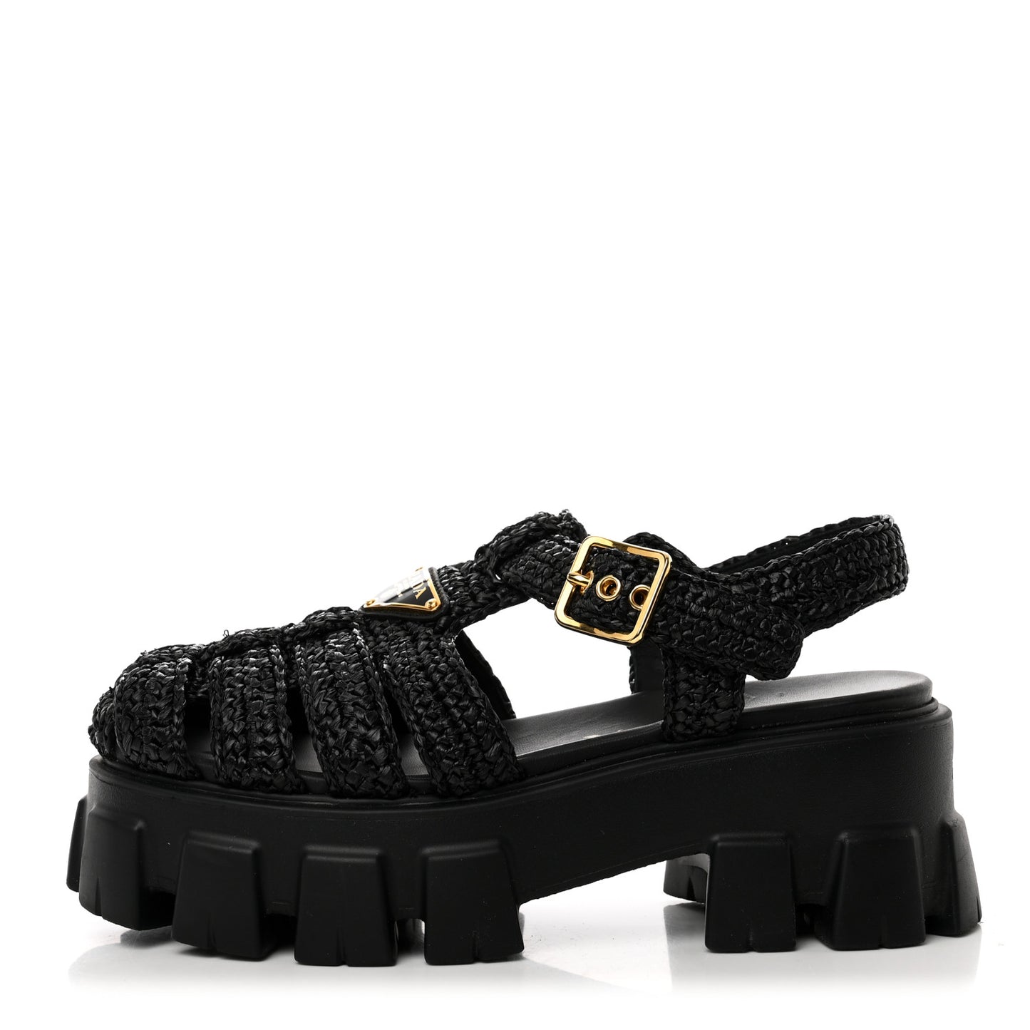 Raffia Metal Triangle Logo Crochet Monolith 55mm Cage Sandals 35 Black