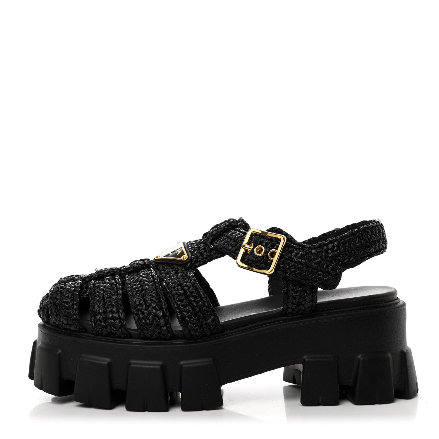 Prada Raffia Metal Triangle Logo Crochet Monolith 55mm Cage Sandals 35 Black 1 of 9