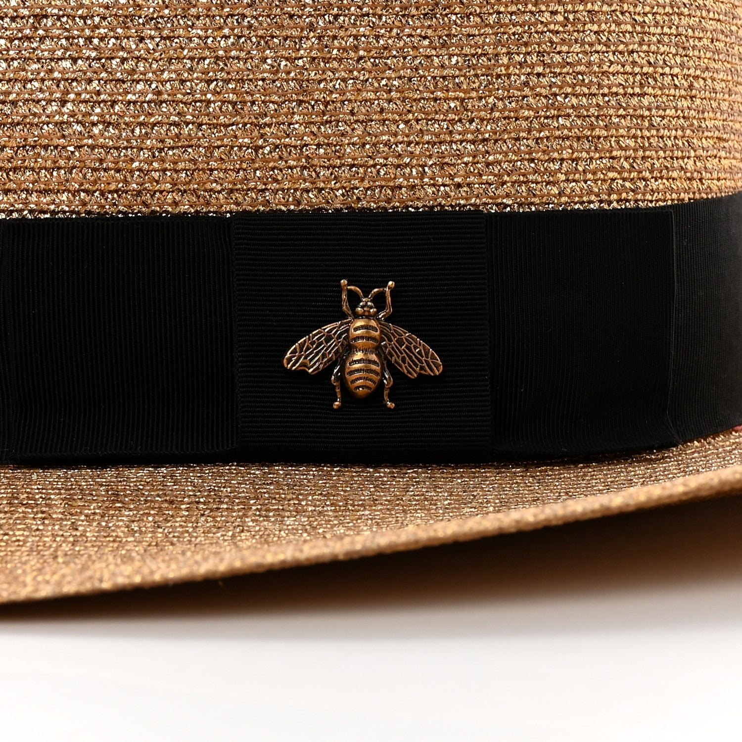 Gucci Glittered Straw Grosgrain Wide Brim Hat S Gold Black 10 of 10