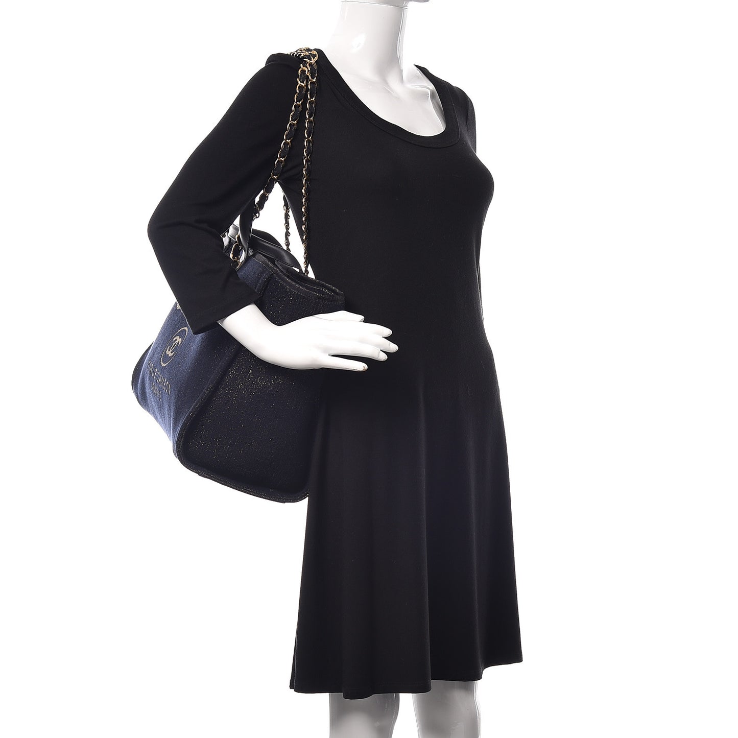 Lurex Canvas Medium Deauville Tote Navy Blue Gold