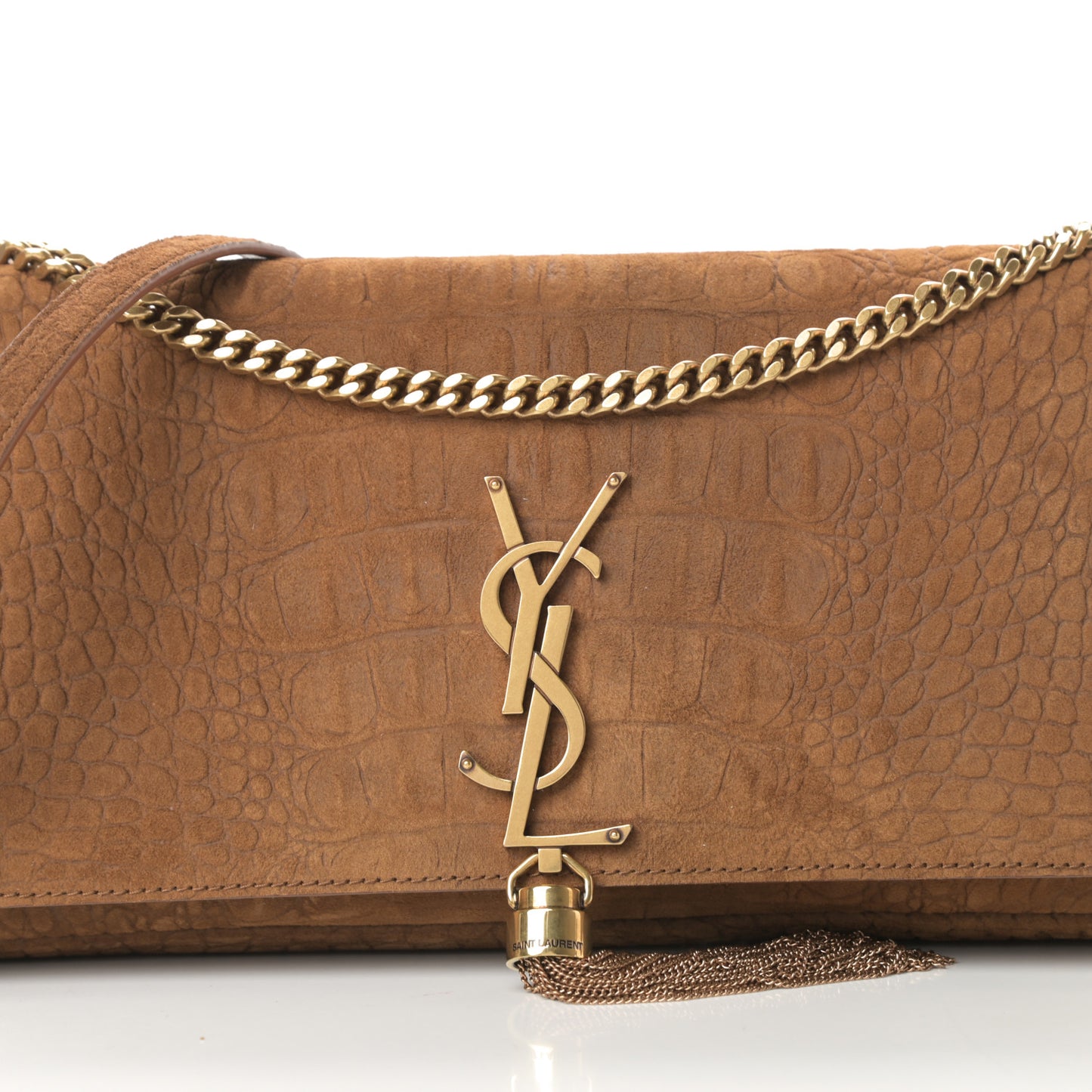 Crocodile Embossed Suede Monogram Tassel Kate 99 Tan
