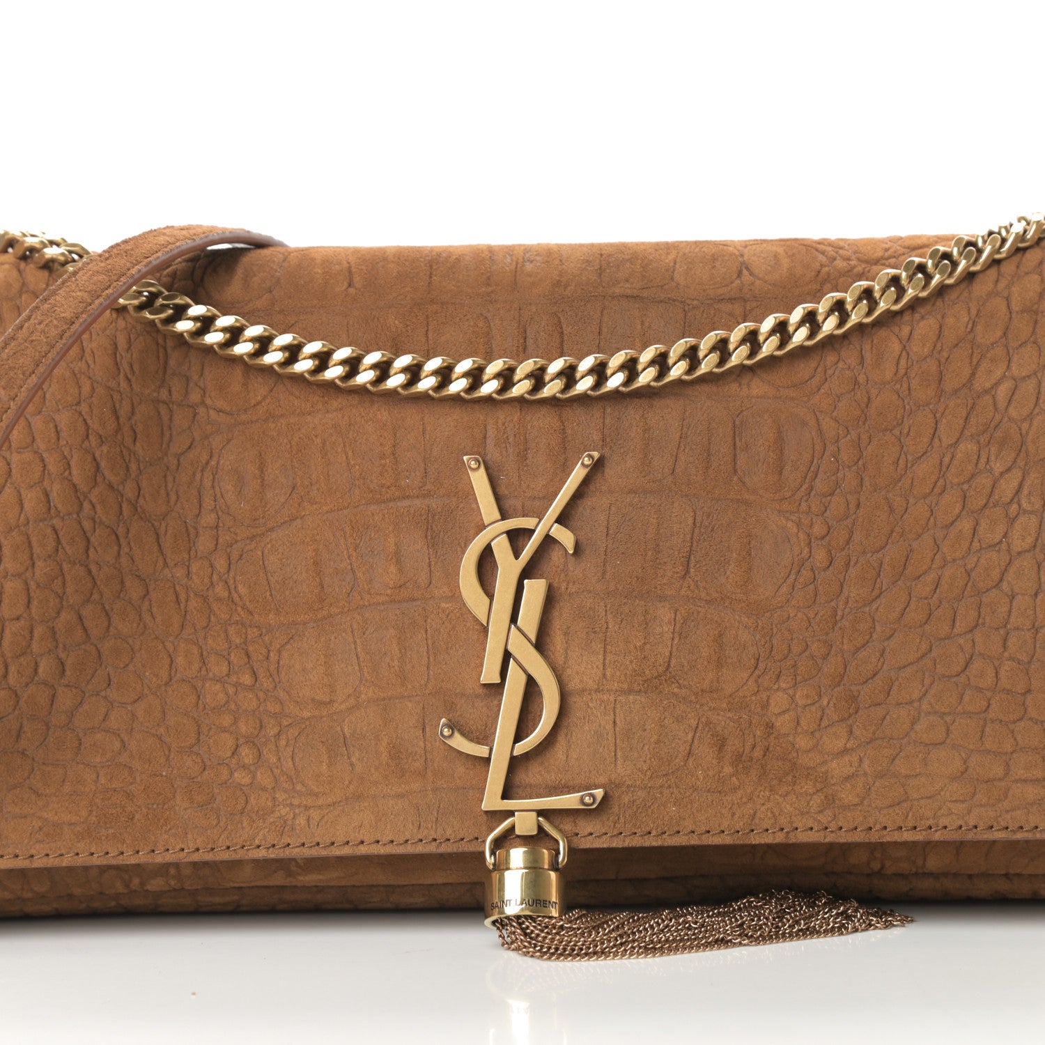 Saint Laurent Crocodile Embossed Suede Monogram Tassel Kate 99 Tan 8 of 11