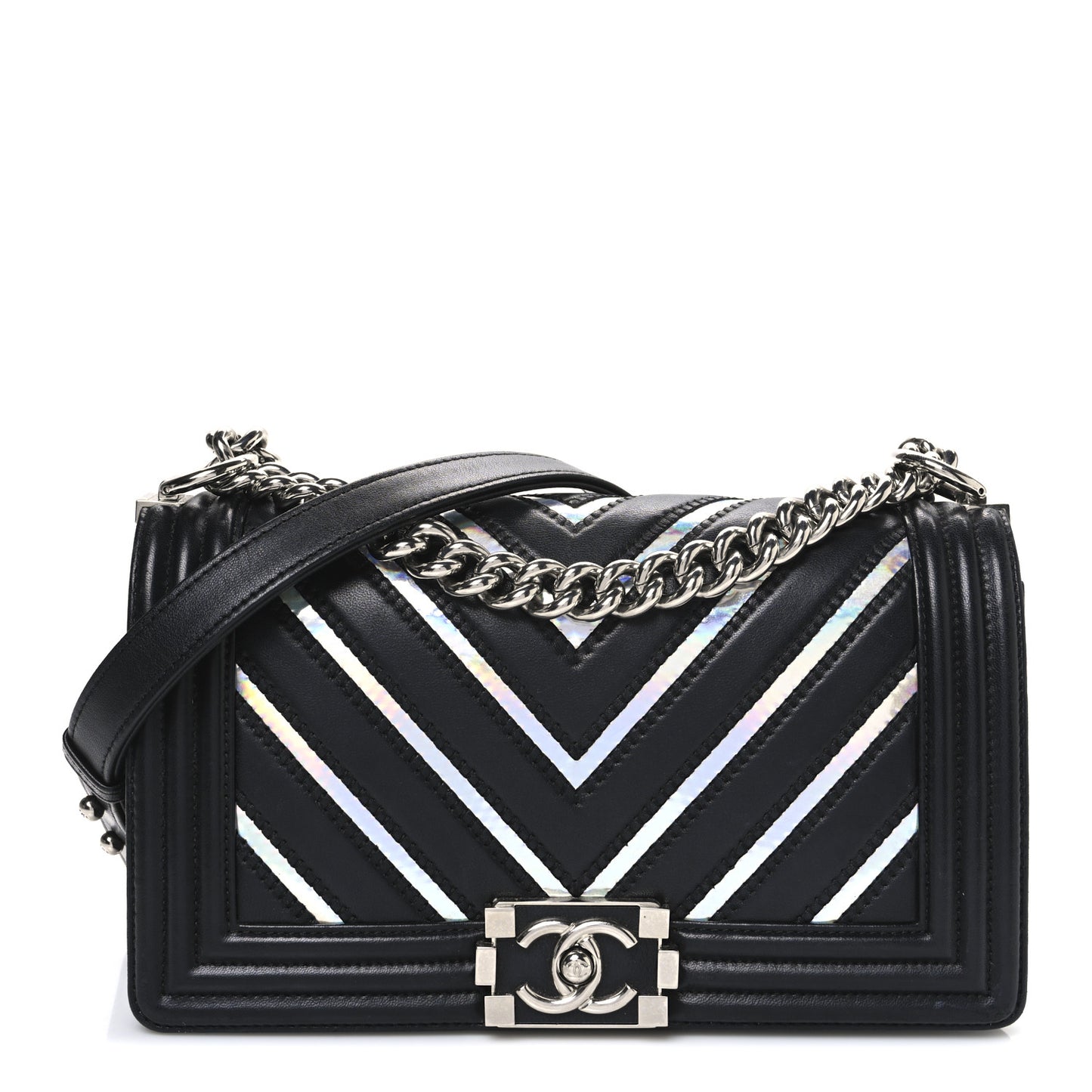 Lambskin Iridescent PVC Chevron Quilted Medium Boy Flap Black Silver