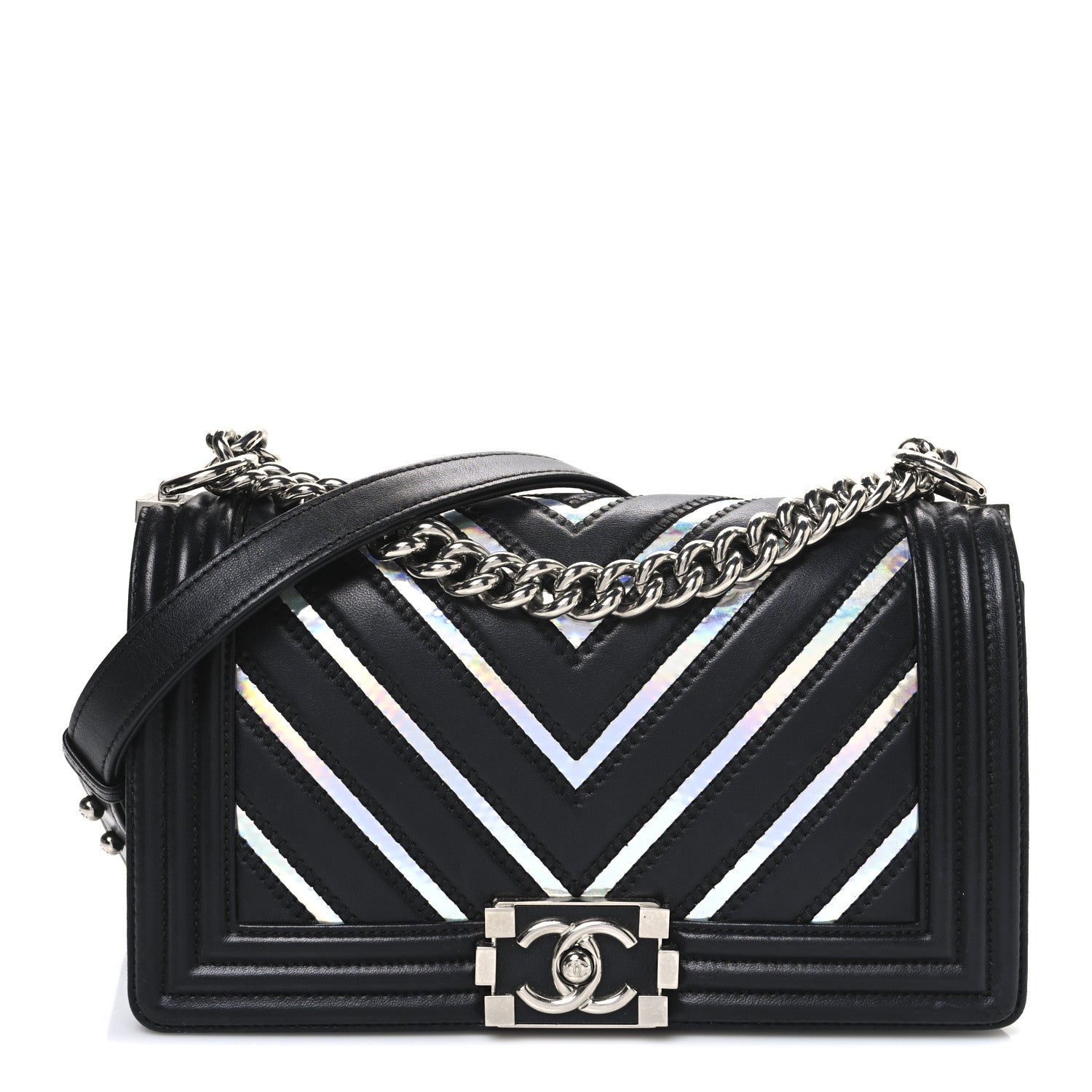 Chanel Lambskin Iridescent PVC Chevron Quilted Medium Boy Flap Black Silver 1 of 11