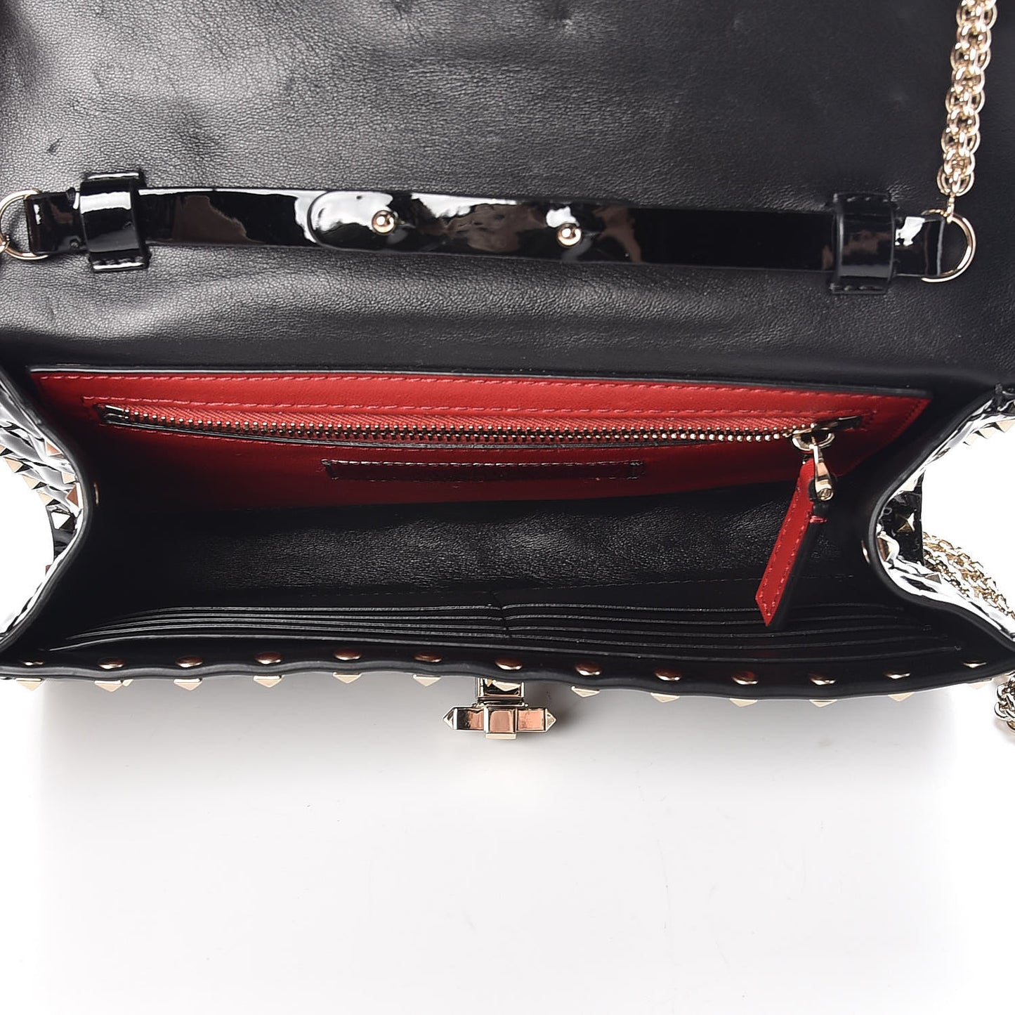 Patent Rockstud Spike Wallet on Chain Black