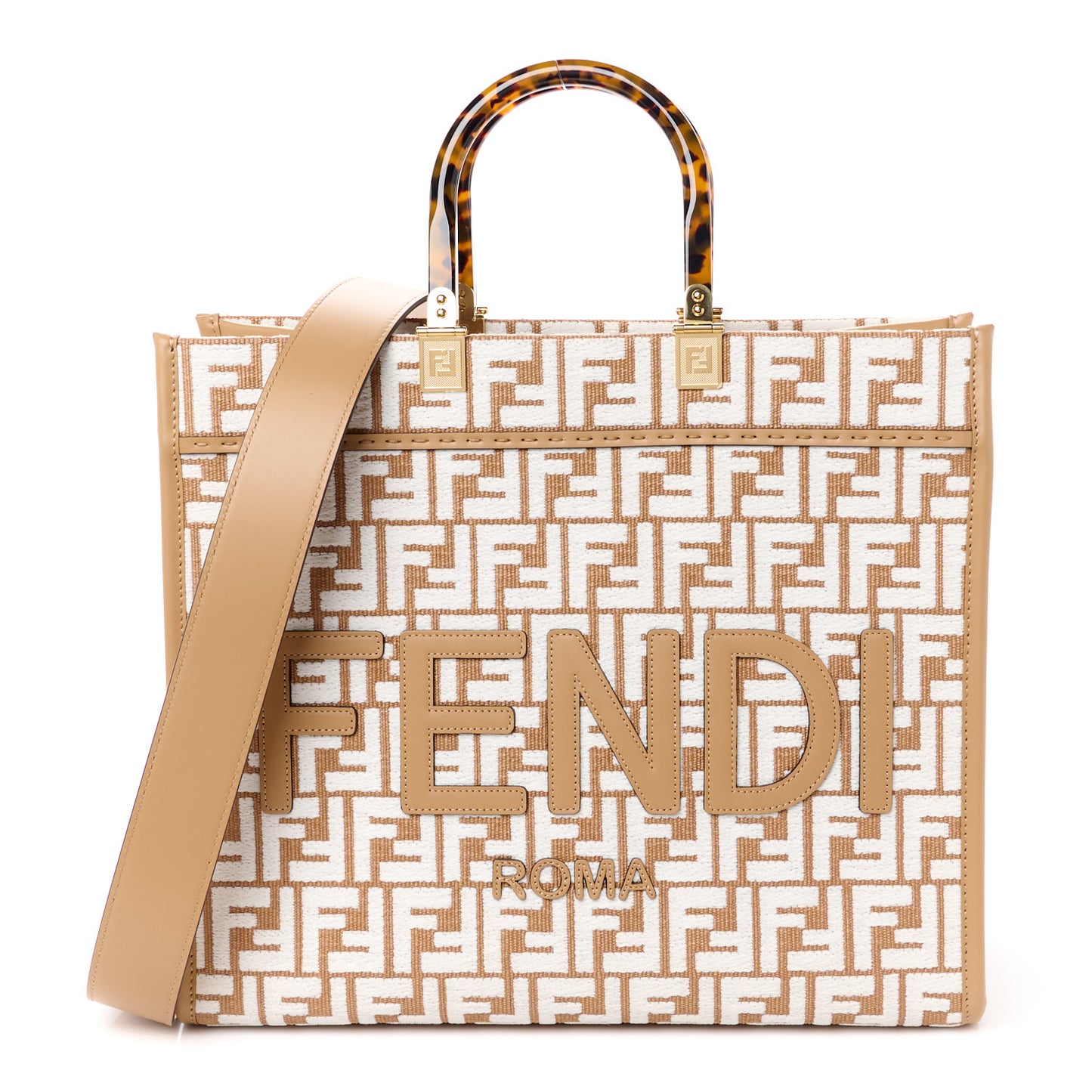 Woven Fabric Calfskin FF Medium Fendi Sunshine Shopper Tote Natural White Dark Honey