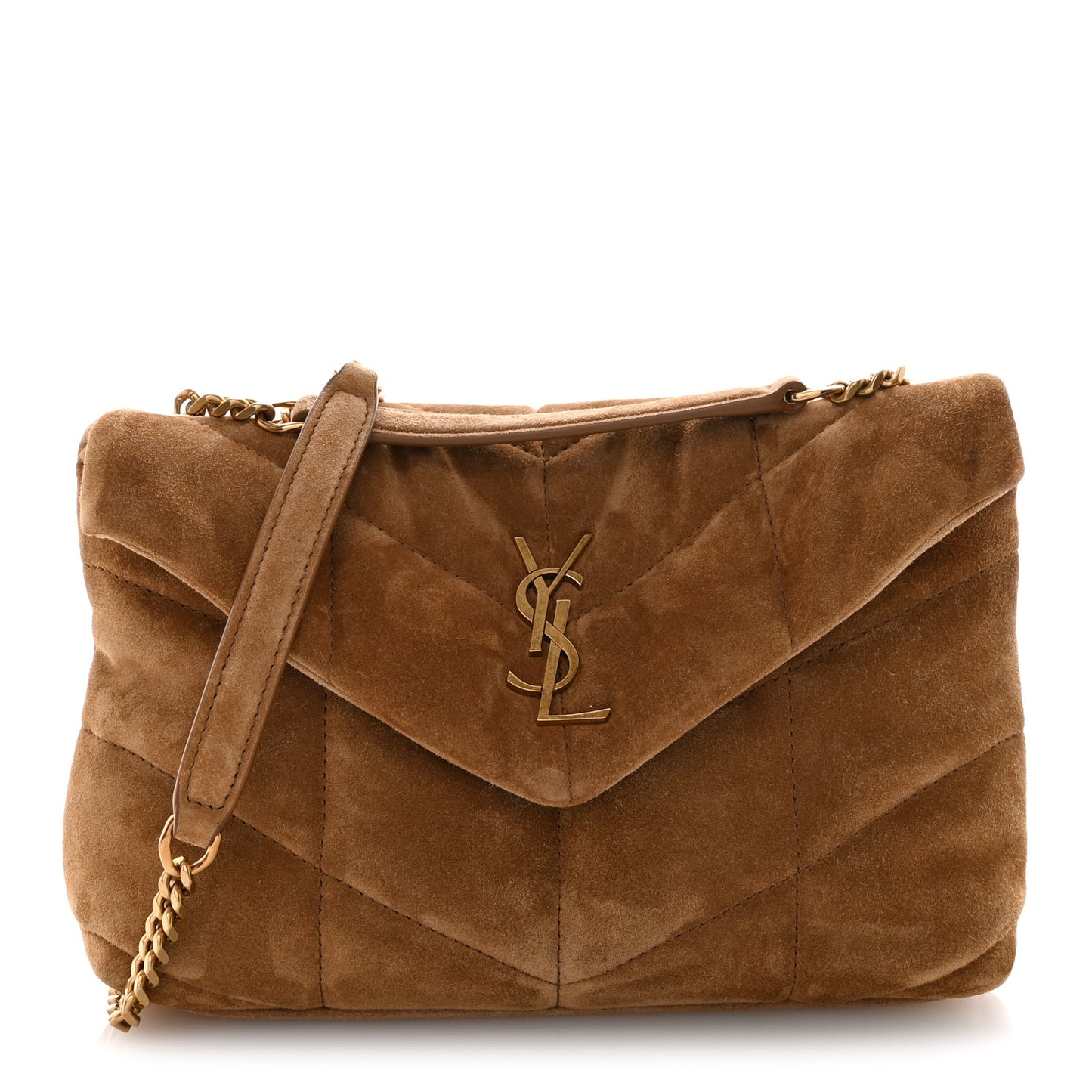 Suede Calfskin Quilted Toy Loulou Puffer Monogram Chain Satchel Golden Leaf