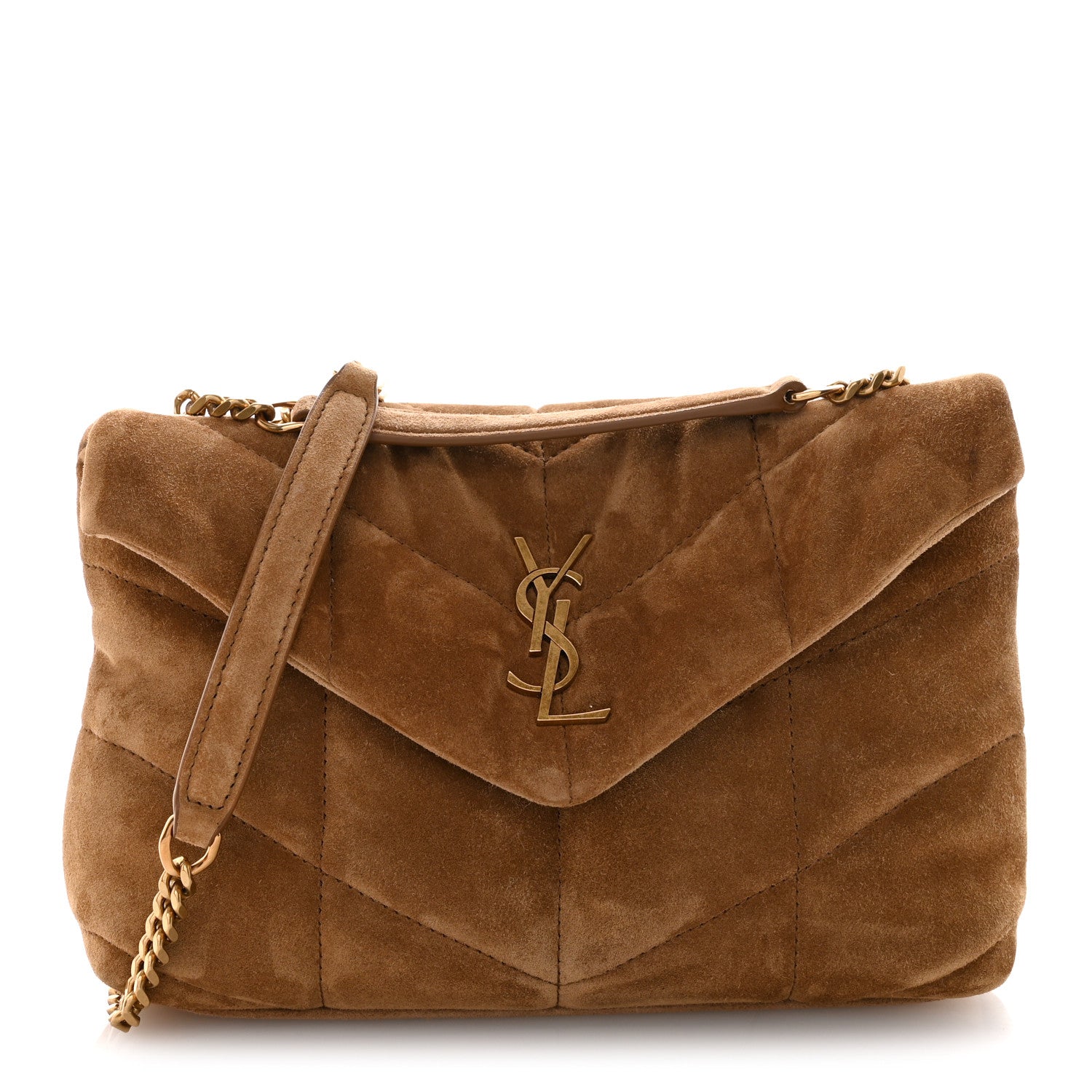 Saint Laurent Suede Calfskin Quilted Toy Loulou Puffer Monogram Chain Satchel Golden Leaf 1 of 11