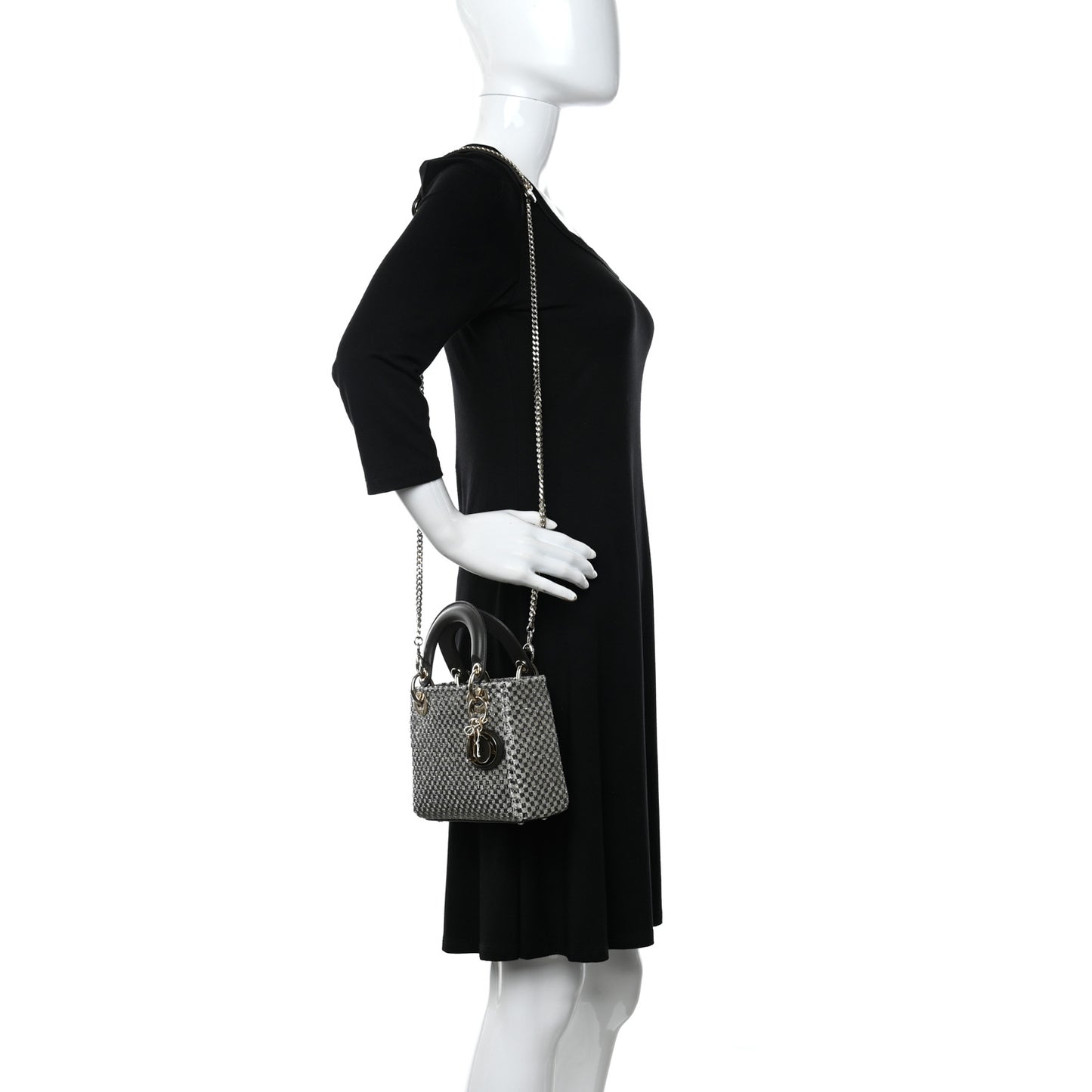 Calfskin Beaded Checkered Mini Lady Dior Grey White