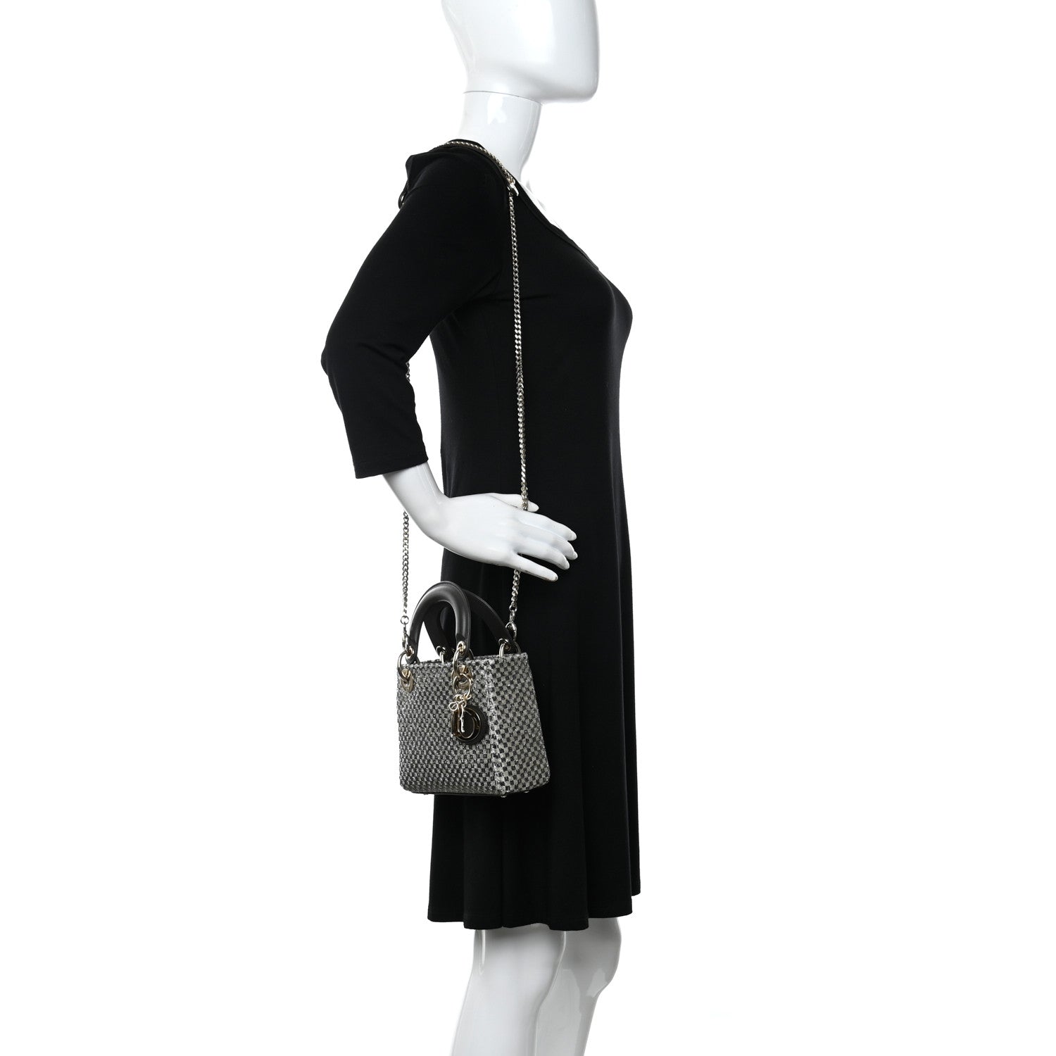 Christian Dior Calfskin Beaded Checkered Mini Lady Dior Grey White 2 of 9