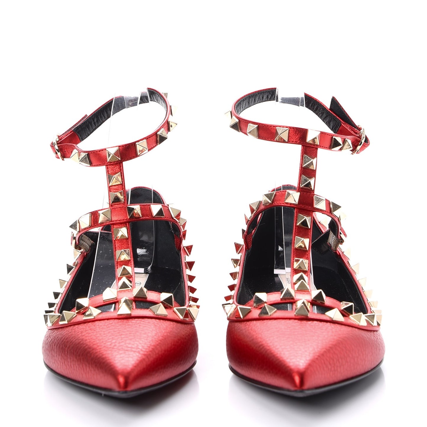 Metallic Pebbled Calfskin Rockstud Cage Ballerina Flats 38.5 Rosso Valentino
