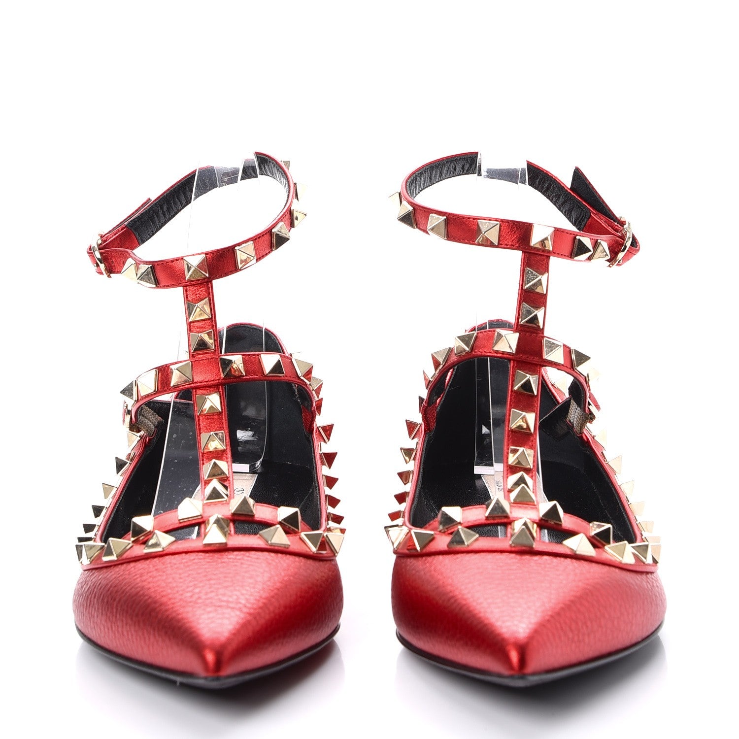 Valentino Garavani Metallic Pebbled Calfskin Rockstud Cage Ballerina Flats 38.5 Rosso Valentino 2 of 8