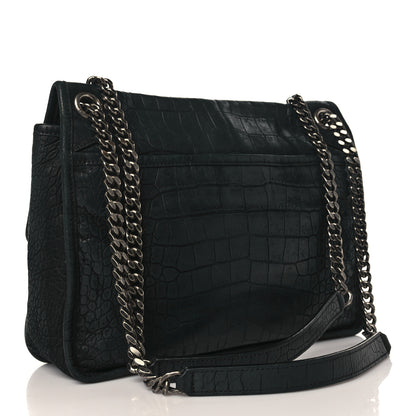Saint Laurent Nubuck Crocodile Embossed Monogram Medium Niki Chain Satchel Black 3 of 9