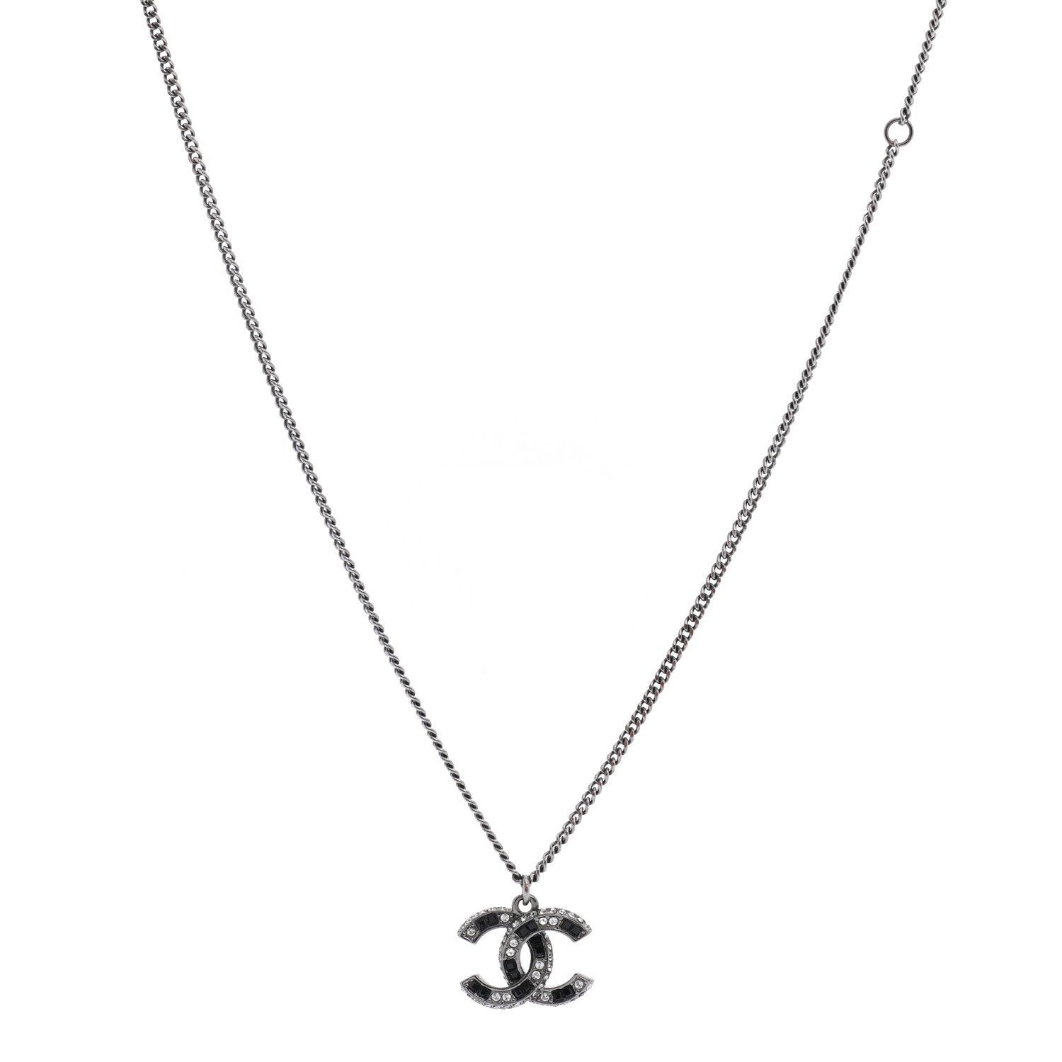 Chanel Ruthenium Baguette Crystal CC Necklace Silver Black 1 of 7