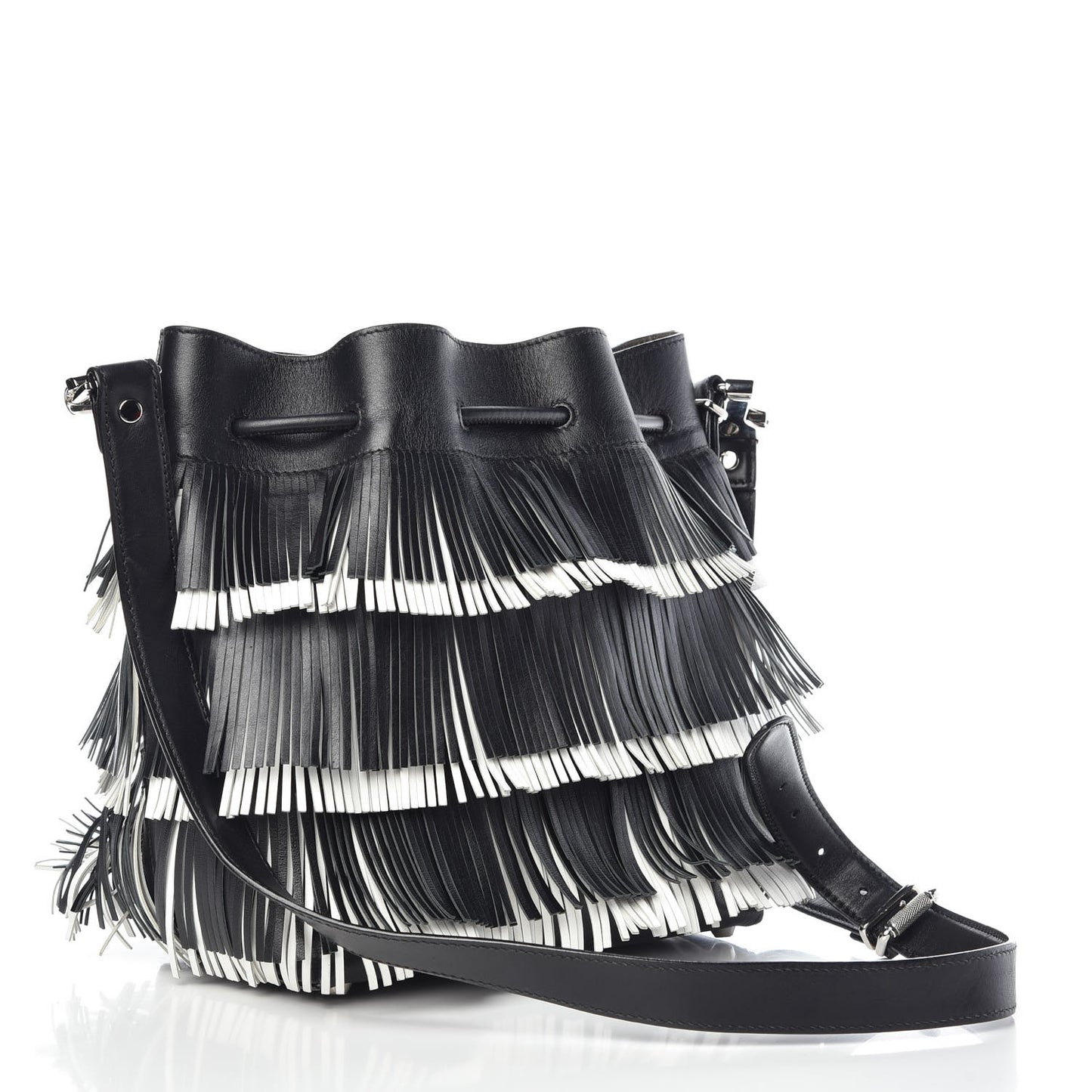 Calfskin Medium Fringe Bucket Bag Black White