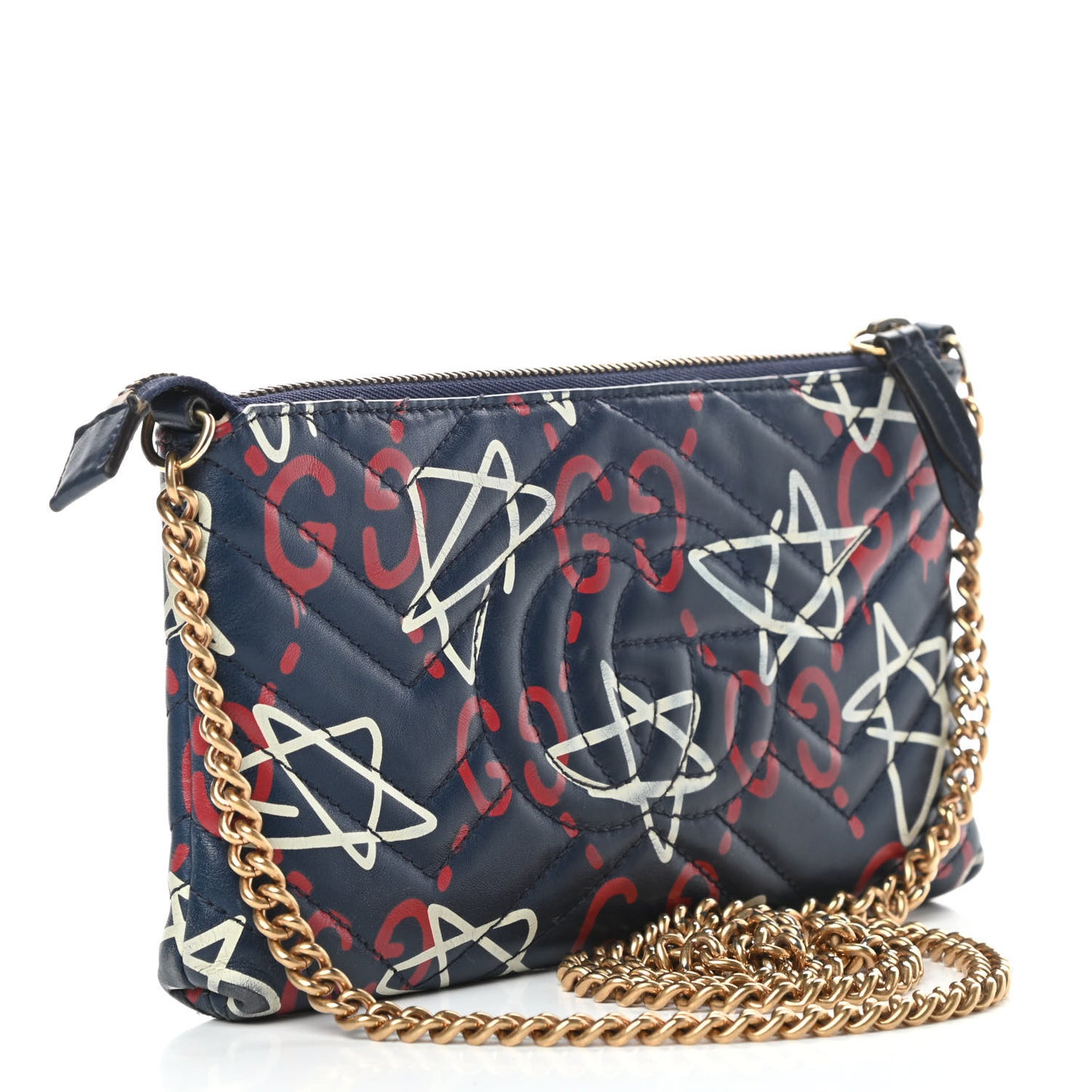 Calfskin Matelasse GucciGhost Mini GG Marmont Chain Bag Blue Agata Hibiscus Red