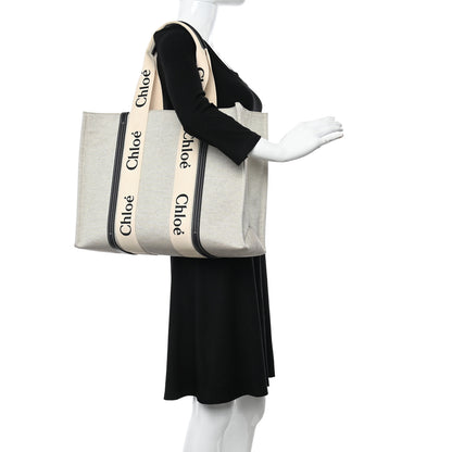 Chloe Cotton Calfskin Large Woody Ribbon Tote White Black 2 of 10