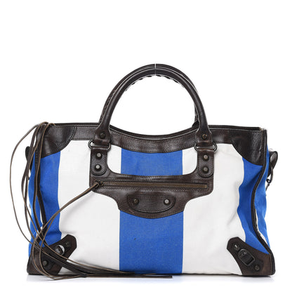 Balenciaga Agneau Canvas Striped Raye Classic Hardware City Brown Bleu White 1 of 20