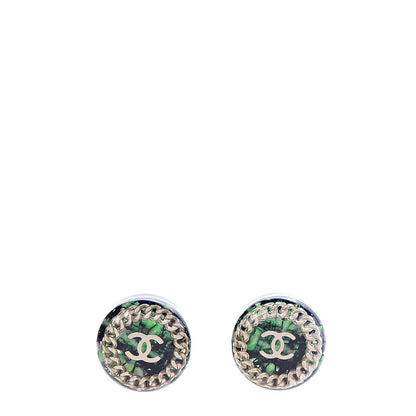 Chanel Resin Tweed Chain CC Round Earrings Gold Green 1 of 5