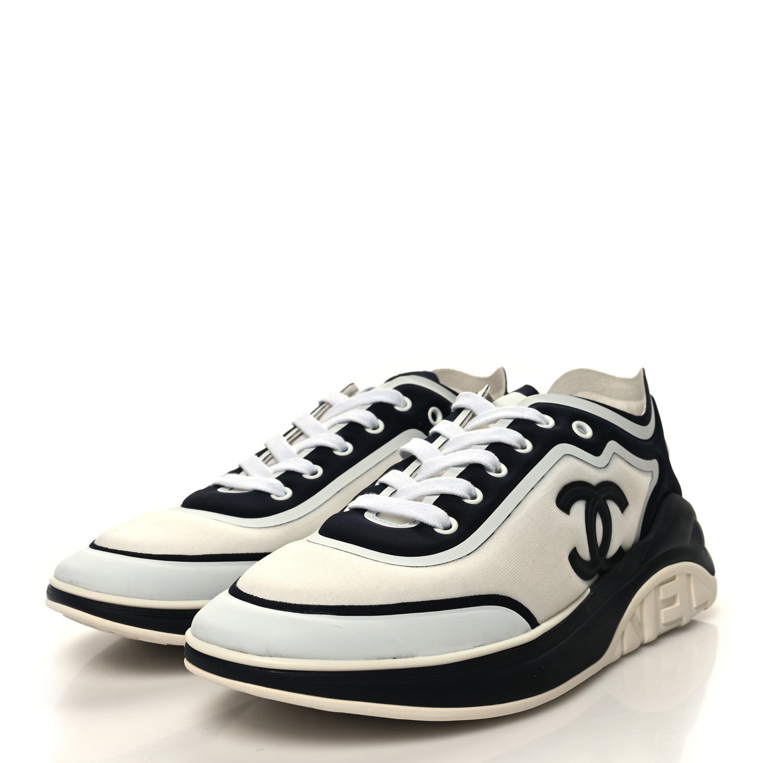 Chanel Lycra Womens CC Sneakers 41 White Black 3 of 7