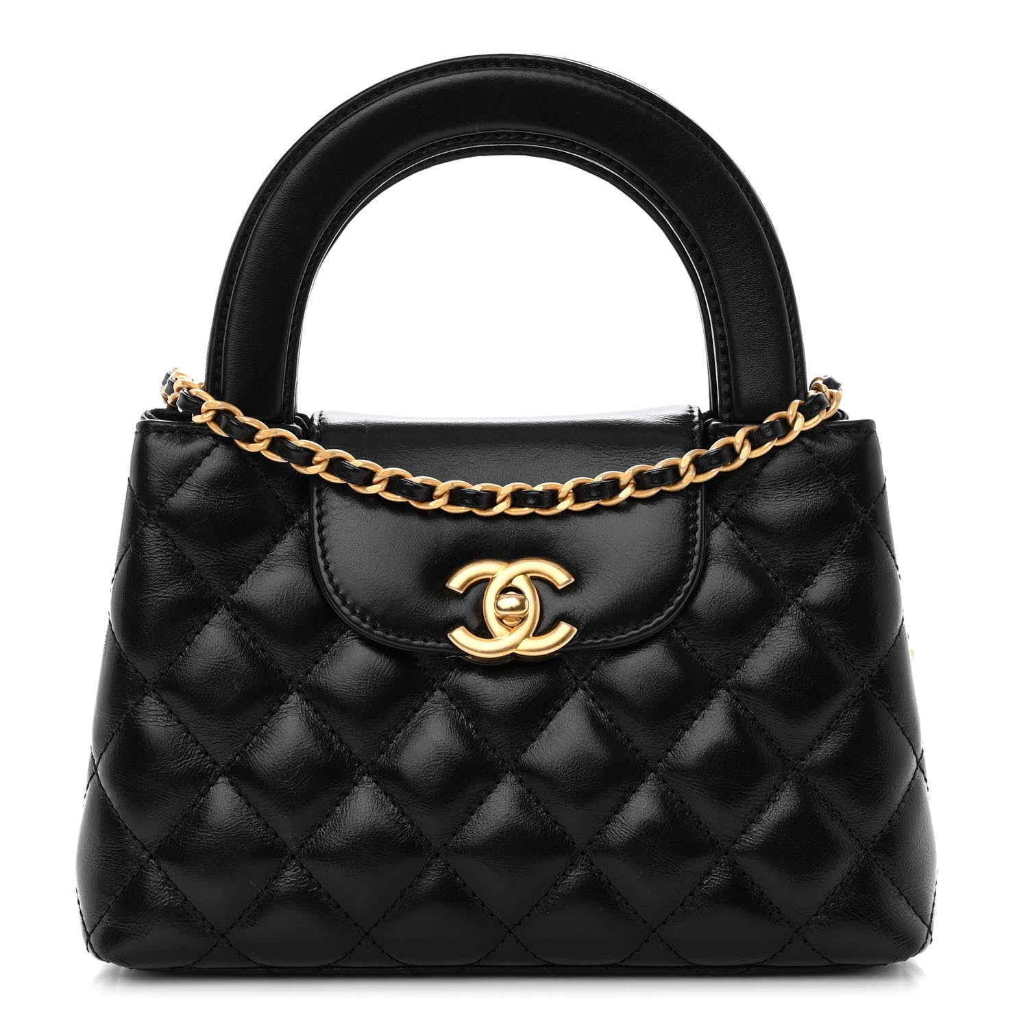 front image of a CHANEL Shiny Aged Calfskin Quilted Nano Kelly Shopper in the color Black by FASHIONPHILE