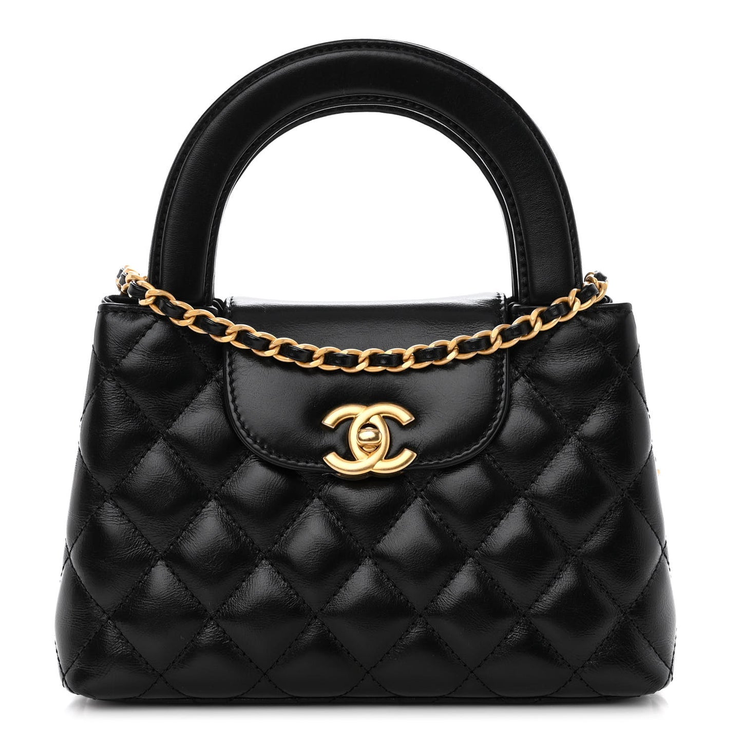 Shiny Aged Calfskin Quilted Nano Kelly Shopper Black
