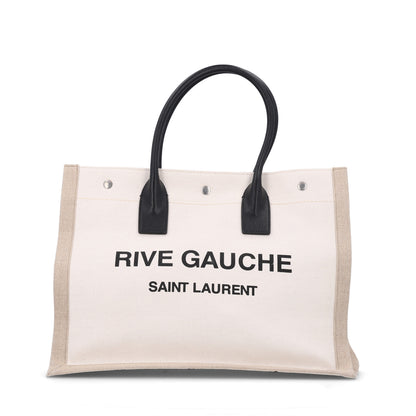 Saint Laurent Linen Calfskin Small Rive Gauche Tote Greggio Natural 1 of 9