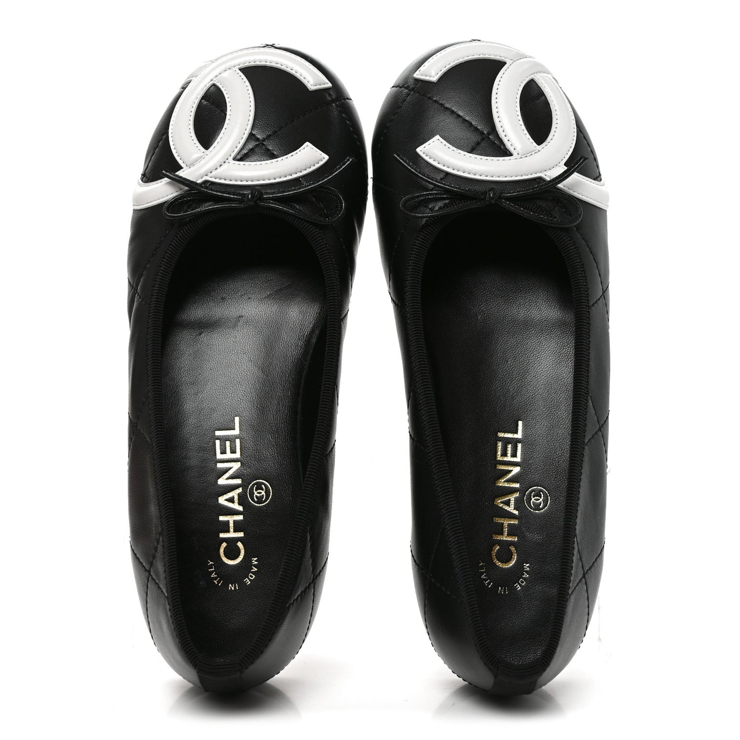 Lambskin Quilted CC Cambon Ballet Flats 38 Black White