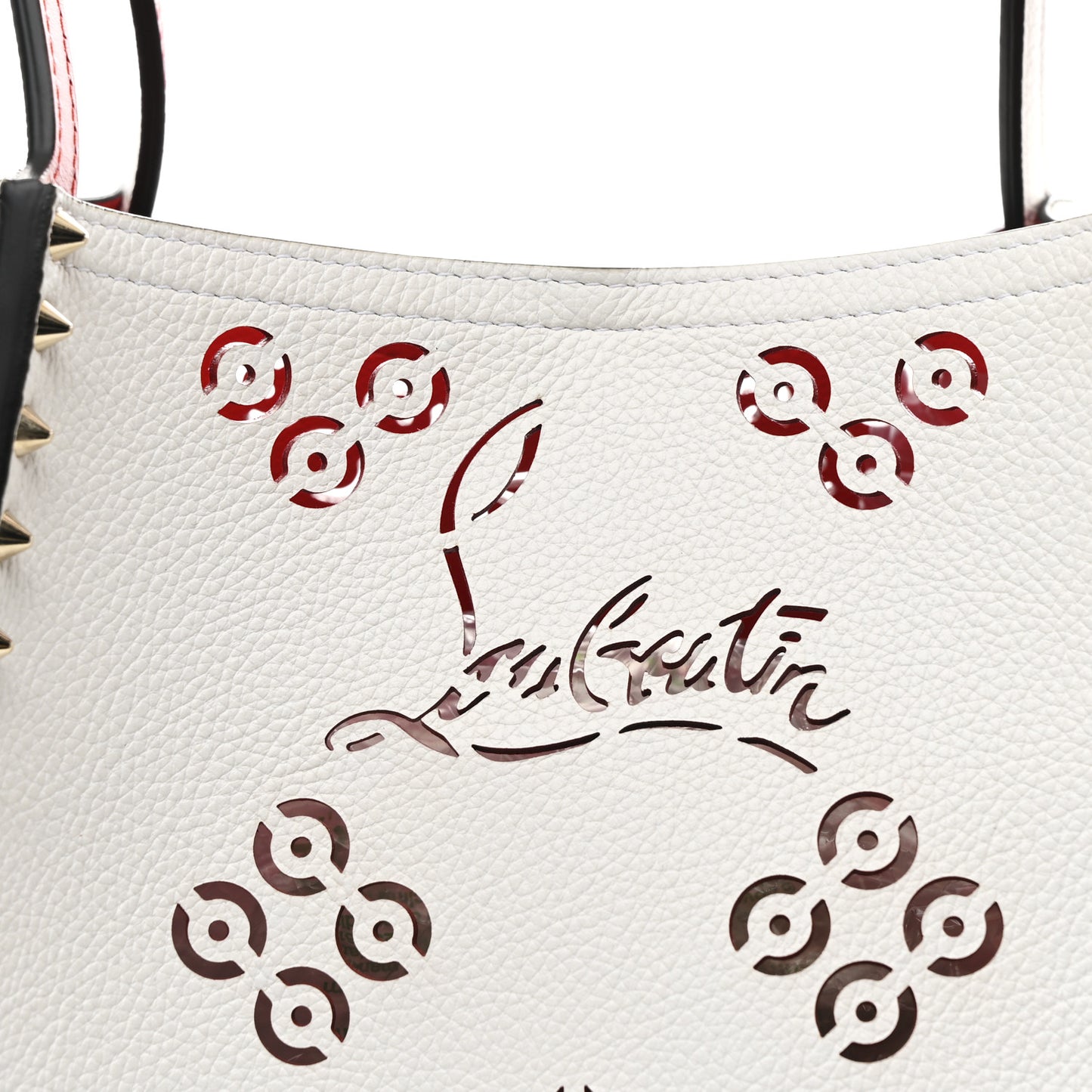 Calfskin Loubinthesky Large Perforated Cabarock Spikes Tote Snow