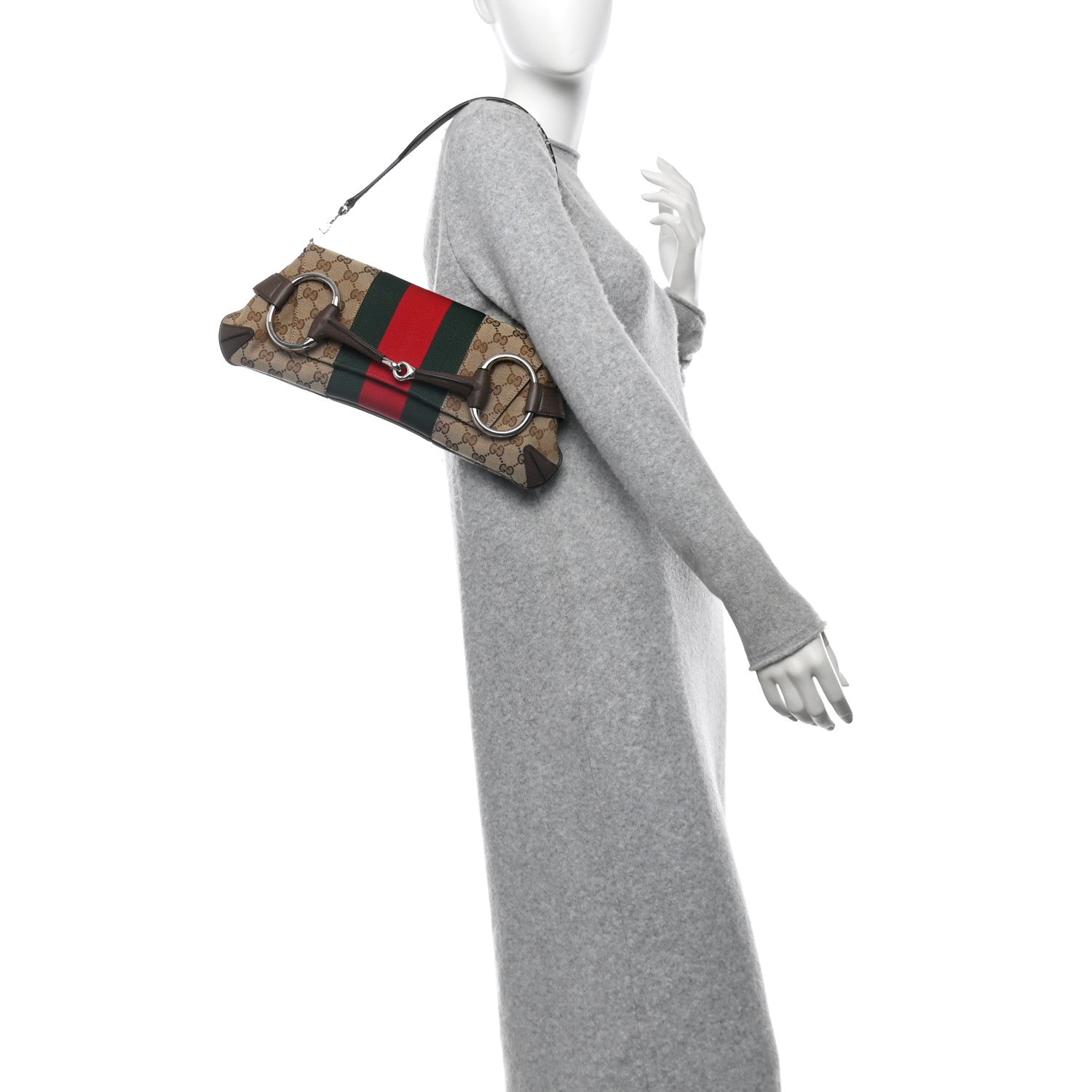 Gucci Monogram Textured Dollar Calfskin Heavy Grosgrain Web Medium Maxi Horsebit Chain Shoulder Bag Beige Ebony New Acero 2 of 10