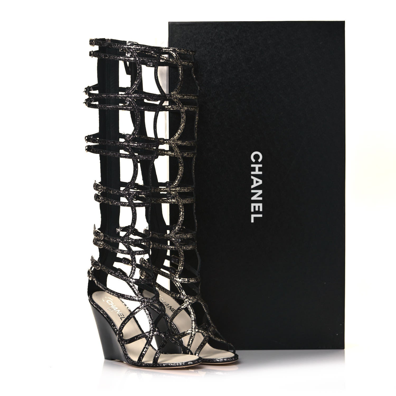 Chanel Metallic Lambskin Gladiator Wedge Strap Sandals 40 Argent Black 8 of 8