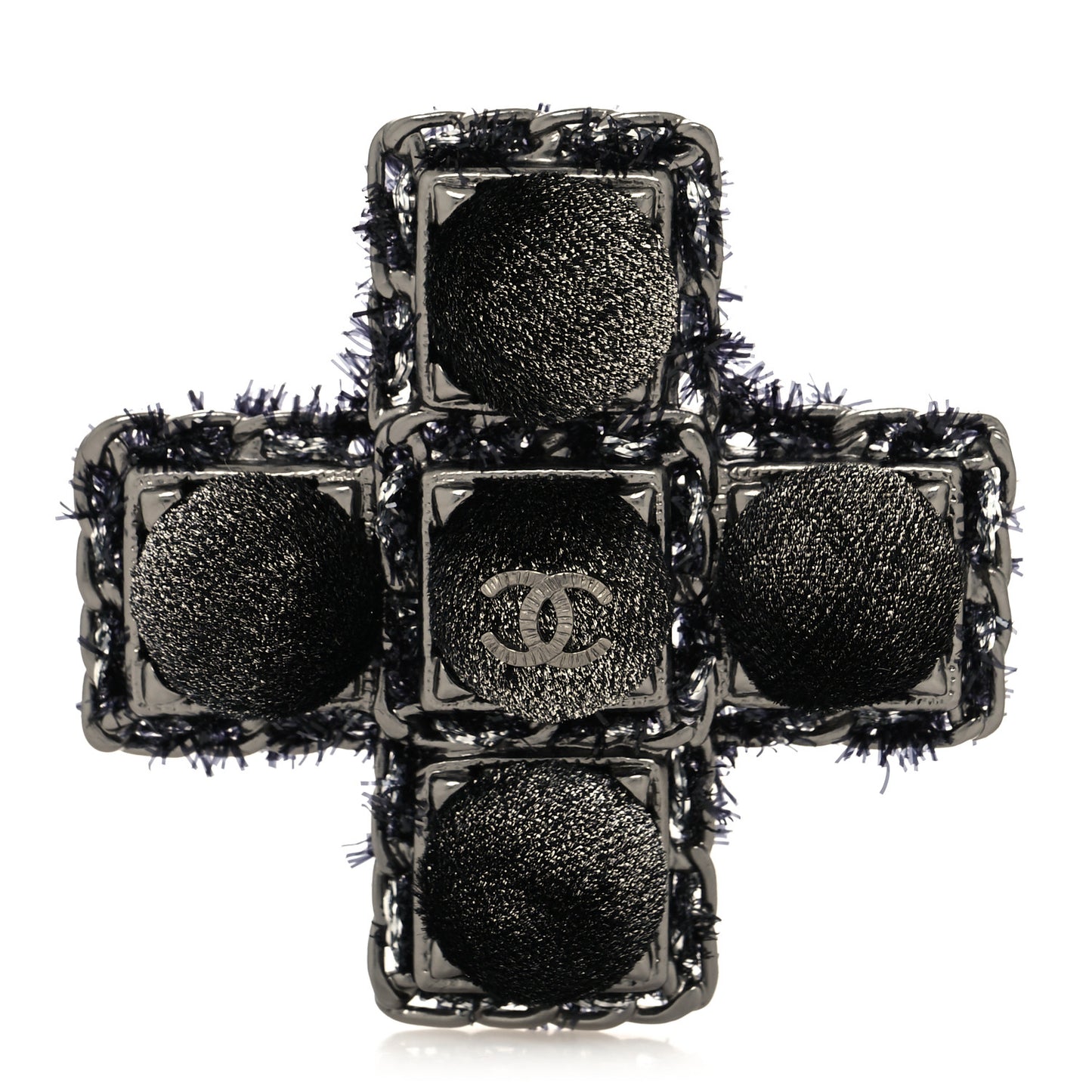 Gripoix Tweed Velour CC Cross Brooch Ruthenium Black