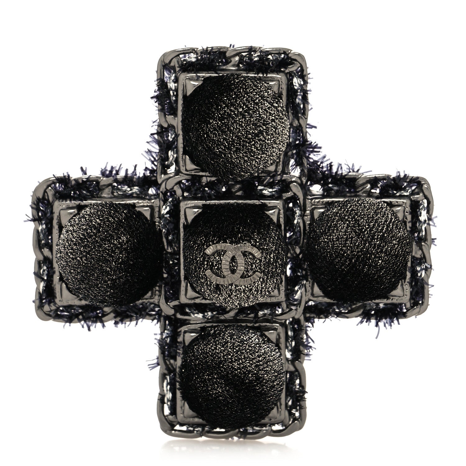 Chanel Gripoix Tweed Velour CC Cross Brooch Ruthenium Black 1 of 3