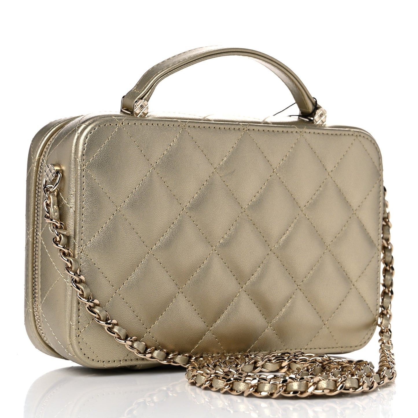 Metallic Lambskin Quilted Top Handle Vanity Case Gold