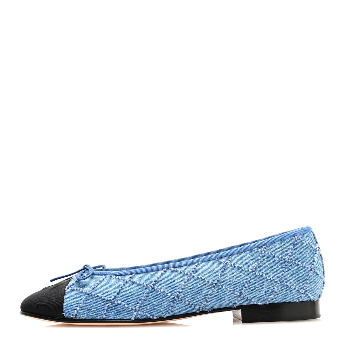 Denim Embroidered Grosgrain CC Cap Toe Ballerina Flats 38.5 Blue Black