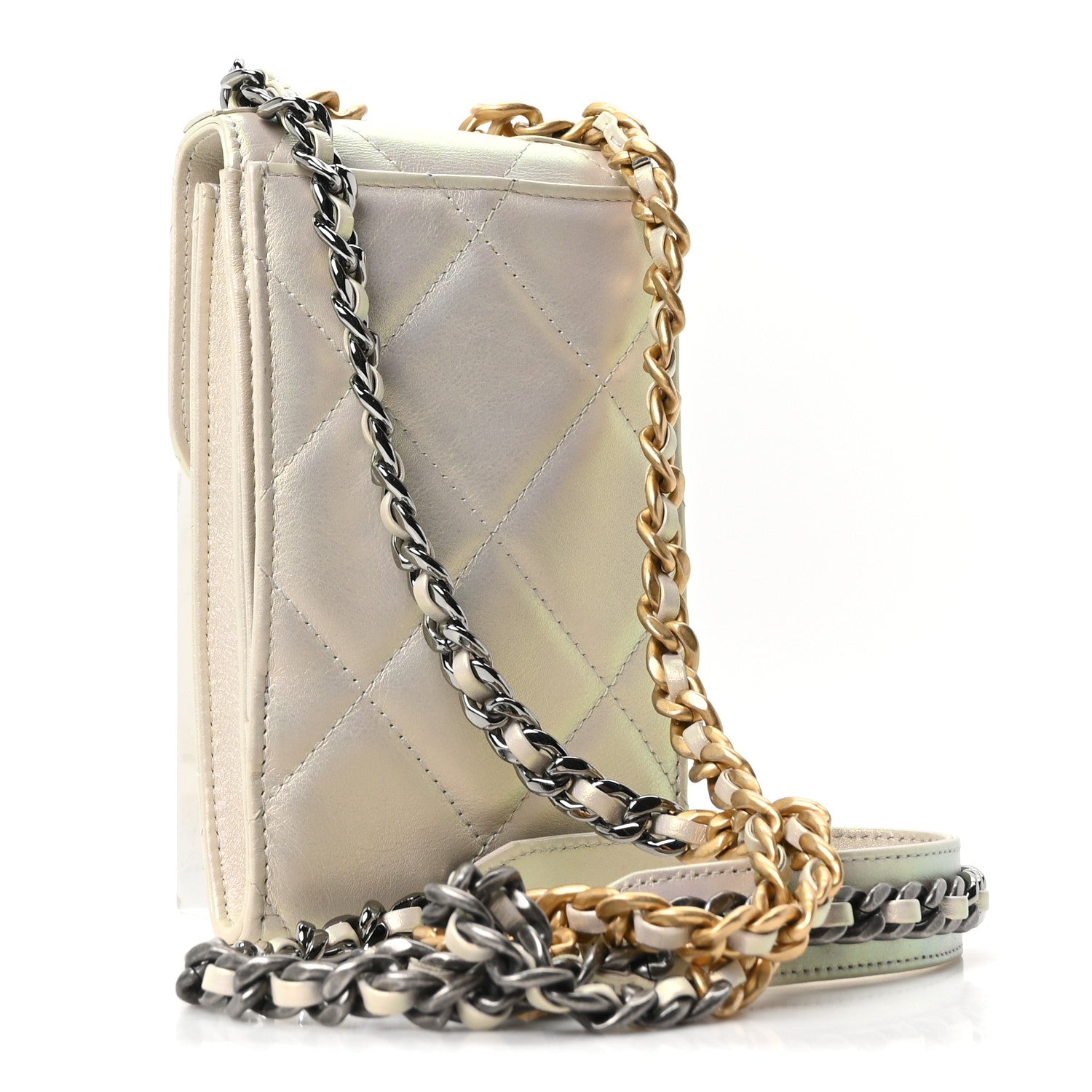 Chanel Iridescent Calfskin Quilted Chanel 19 Phone Holder With Chain White 3 of 10