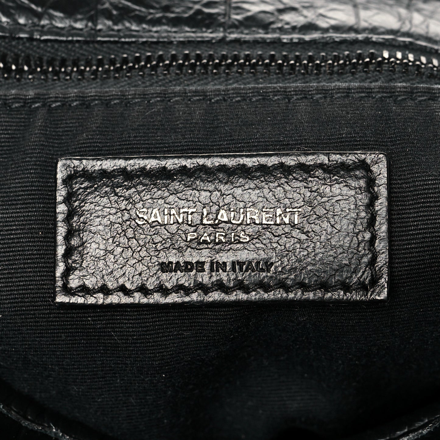 Crinkled Calfskin Crocodile Embossed Monogram Medium Niki Chain Satchel Black