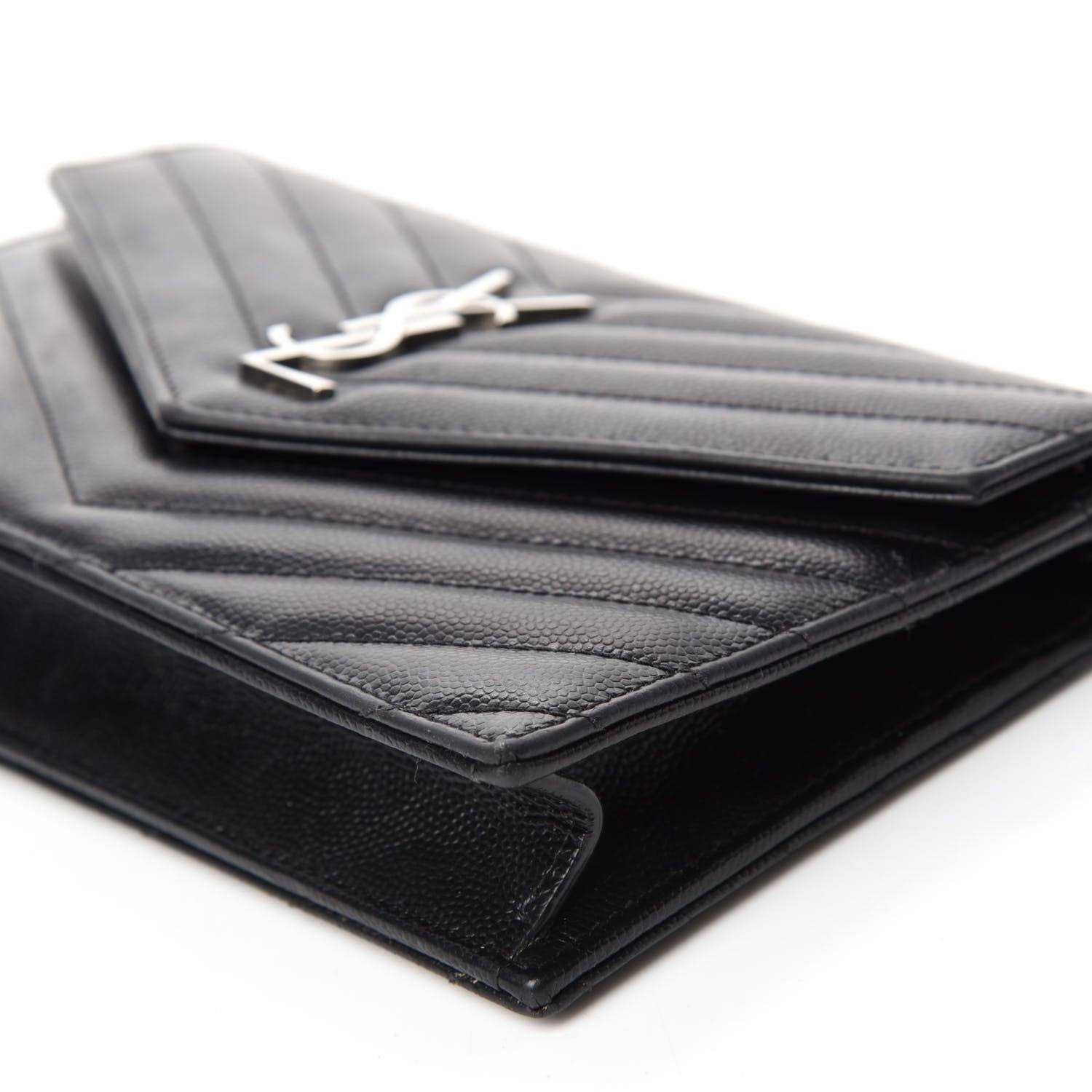 Saint Laurent Grain De Poudre Matelasse Chevron Monogram Envelope Chain Wallet Black 7 of 11