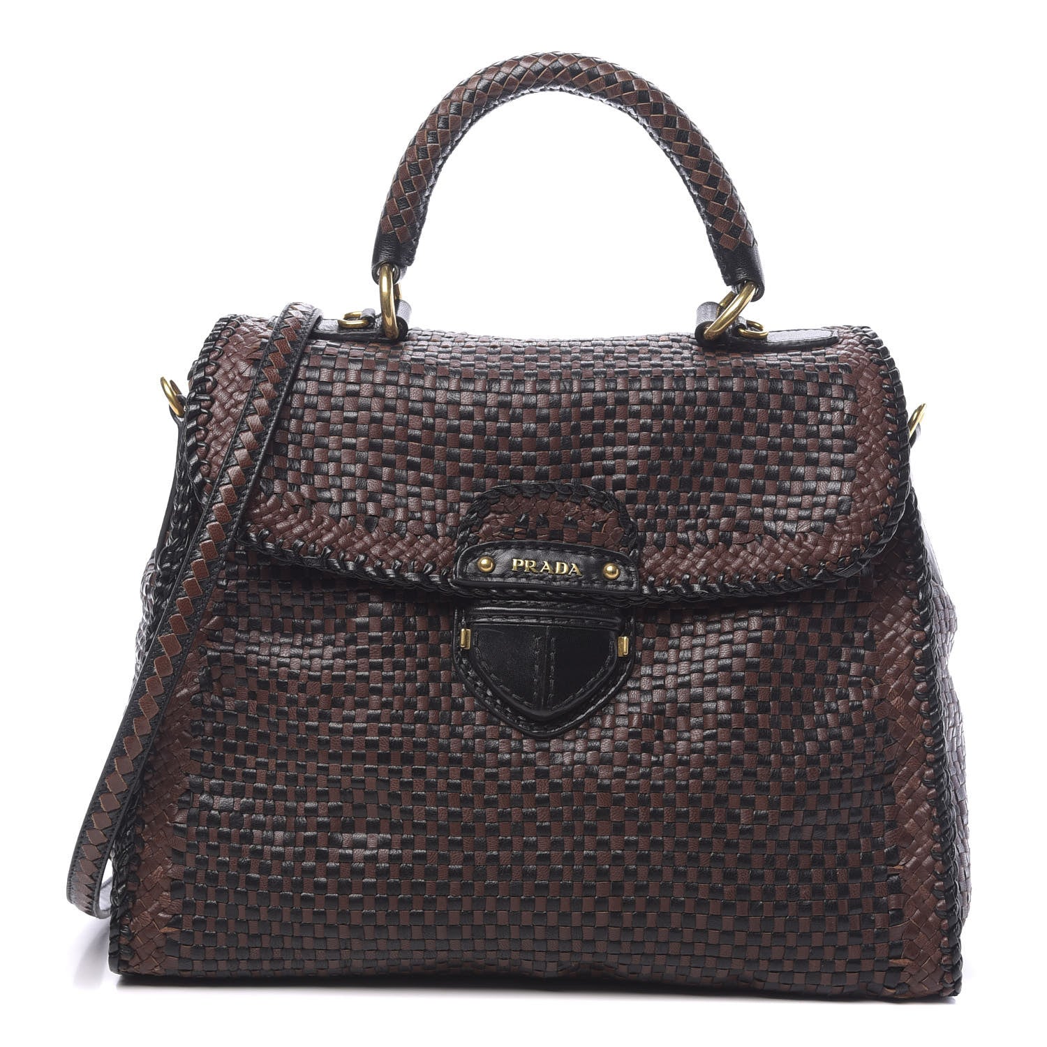 Prada Goatskin Woven Top Handle Satchel Moro Black 1 of 9