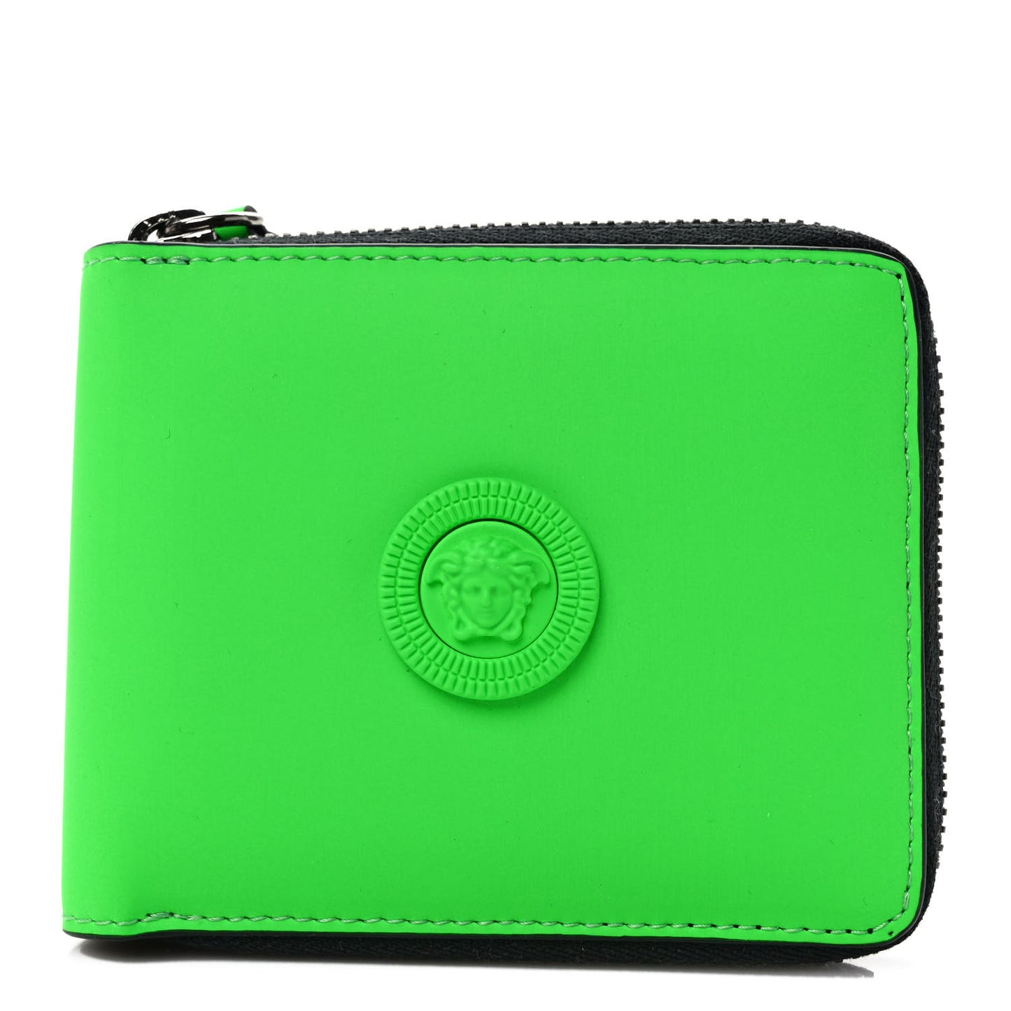 Calfskin Rubber Medusa Biggie Bifold Compact Zip Around Wallet Lime