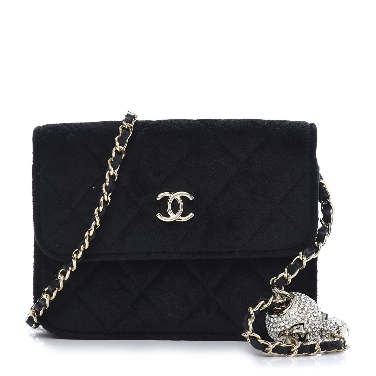 Velvet Quilted Pearl Crush Clutch With Chain Black