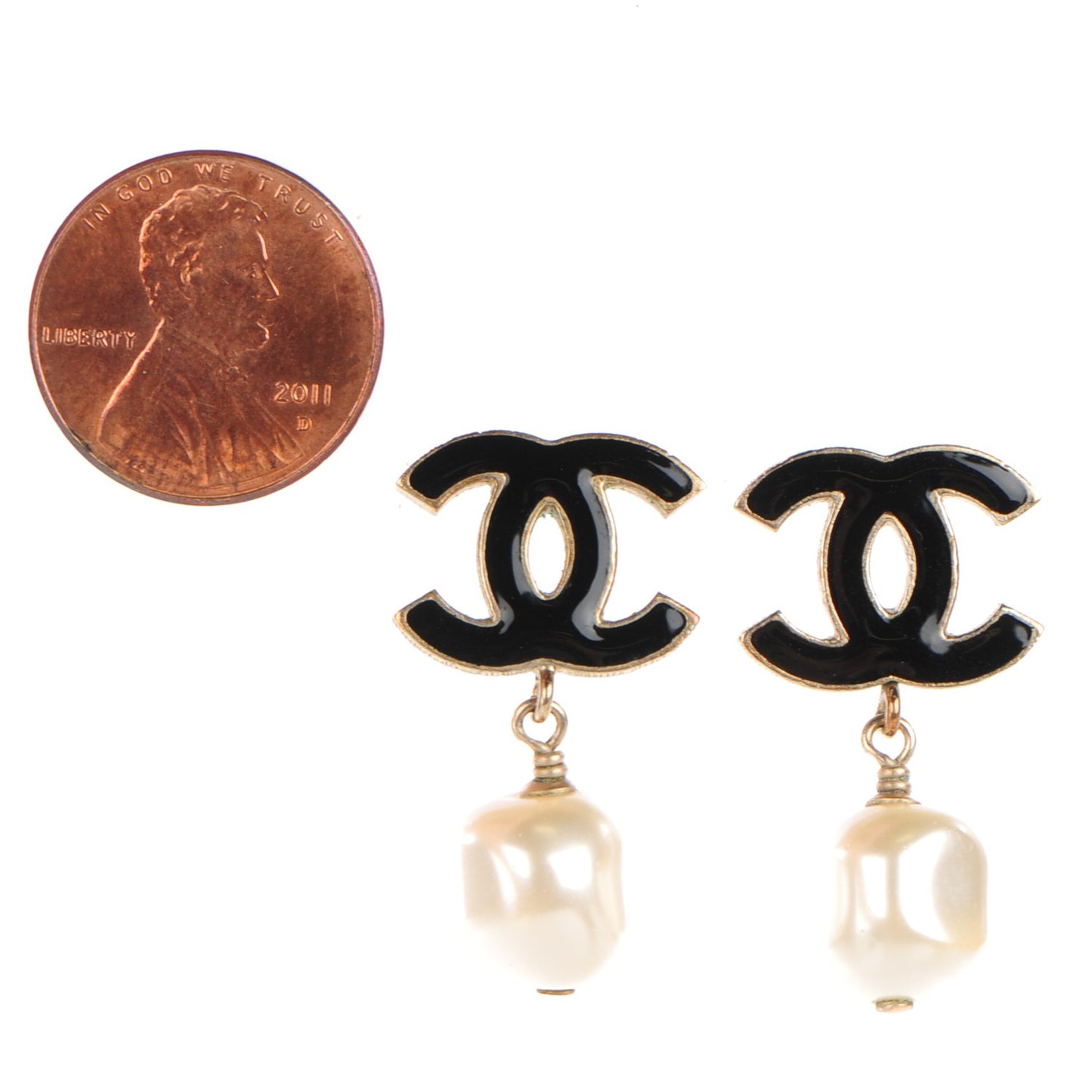 Enamel CC Pearl Drop Earrings Black Gold
