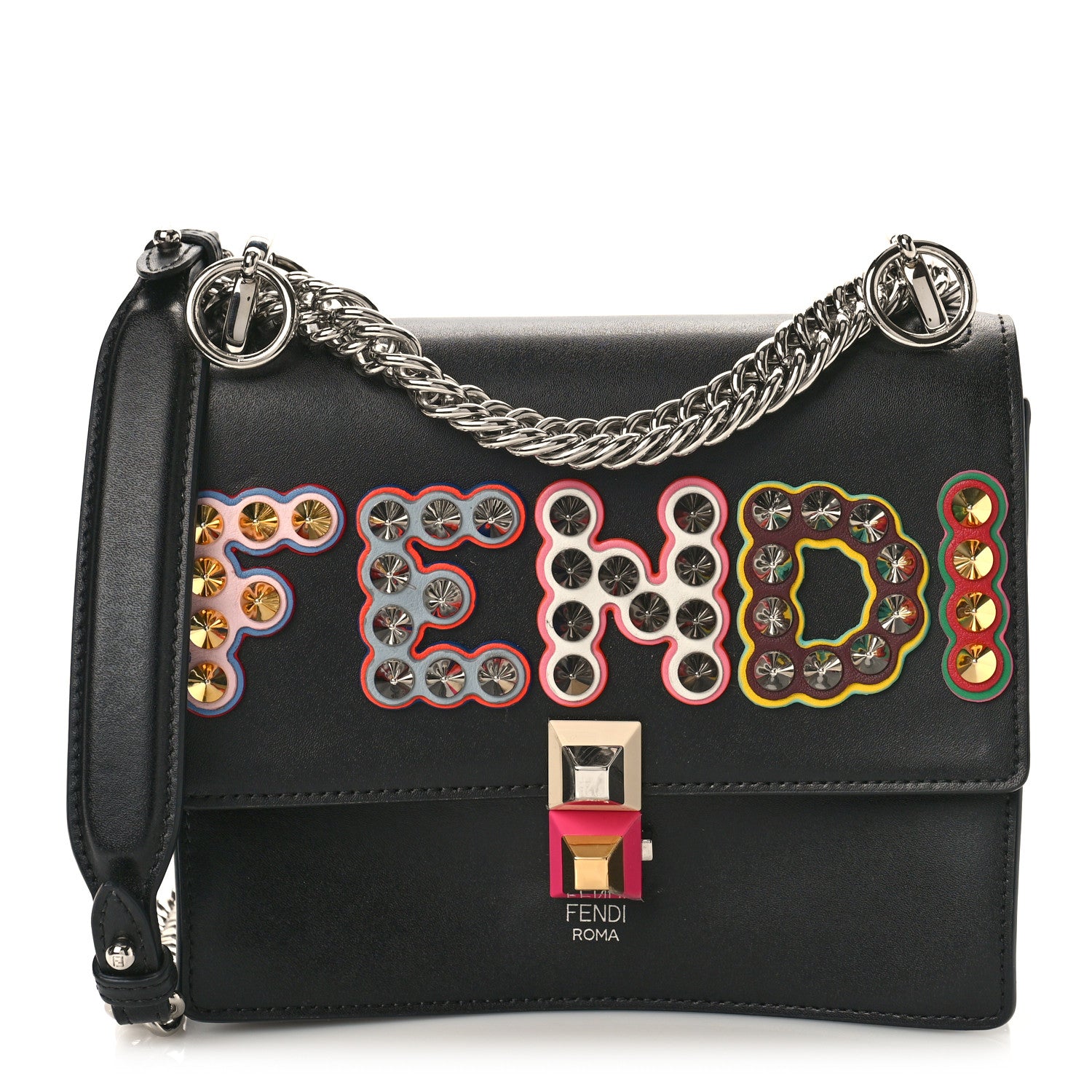 Fendi Vitello Liberty Fun Fair Metal Studded Small Kan I Shoulder Bag Black Multicolor 1 of 8