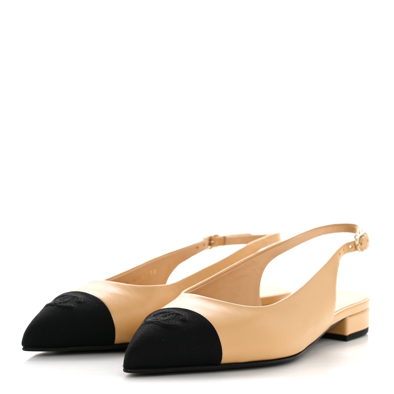 Chanel Goatskin Grosgrain Pointed Toe CC Slingback Flats 37.5 Beige Black 4 of 10