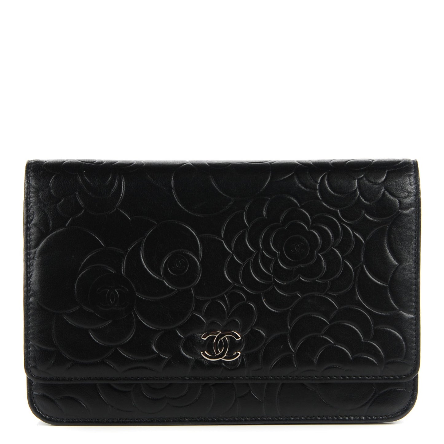 Lambskin Camellia Wallet on Chain WOC Black