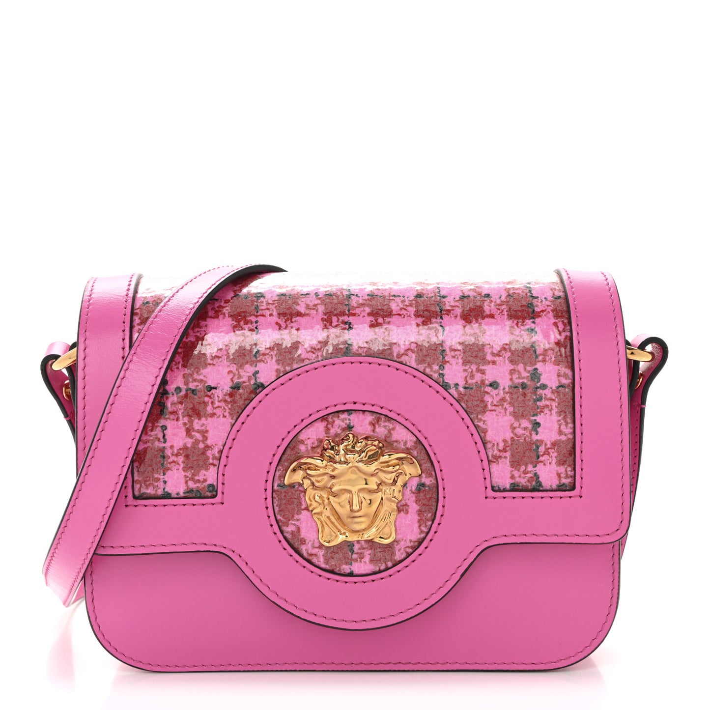 Calfskin Vinyl Small Houndstooth La Medusa Crossbody Bag  Red Fuchsia