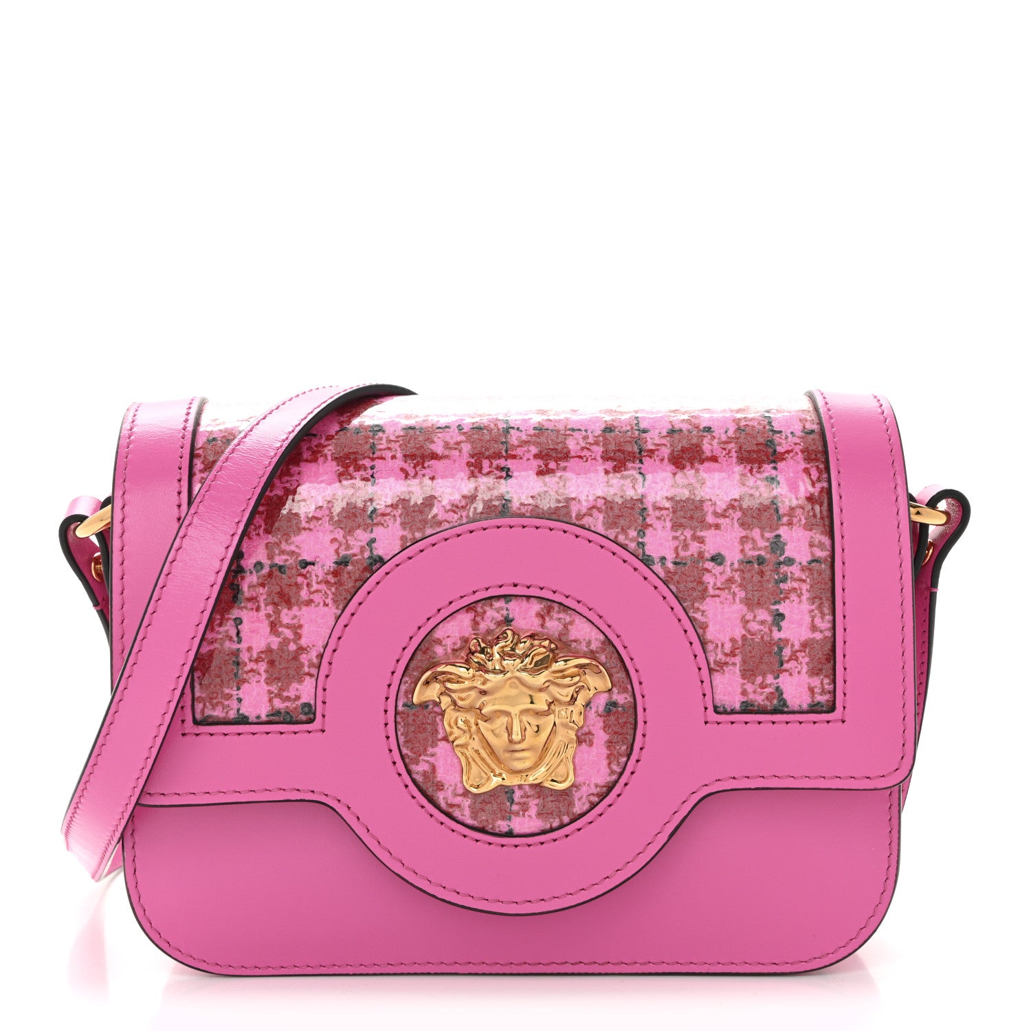 Versace Calfskin Vinyl Small Houndstooth La Medusa Crossbody Bag  Red Fuchsia 1 of 10